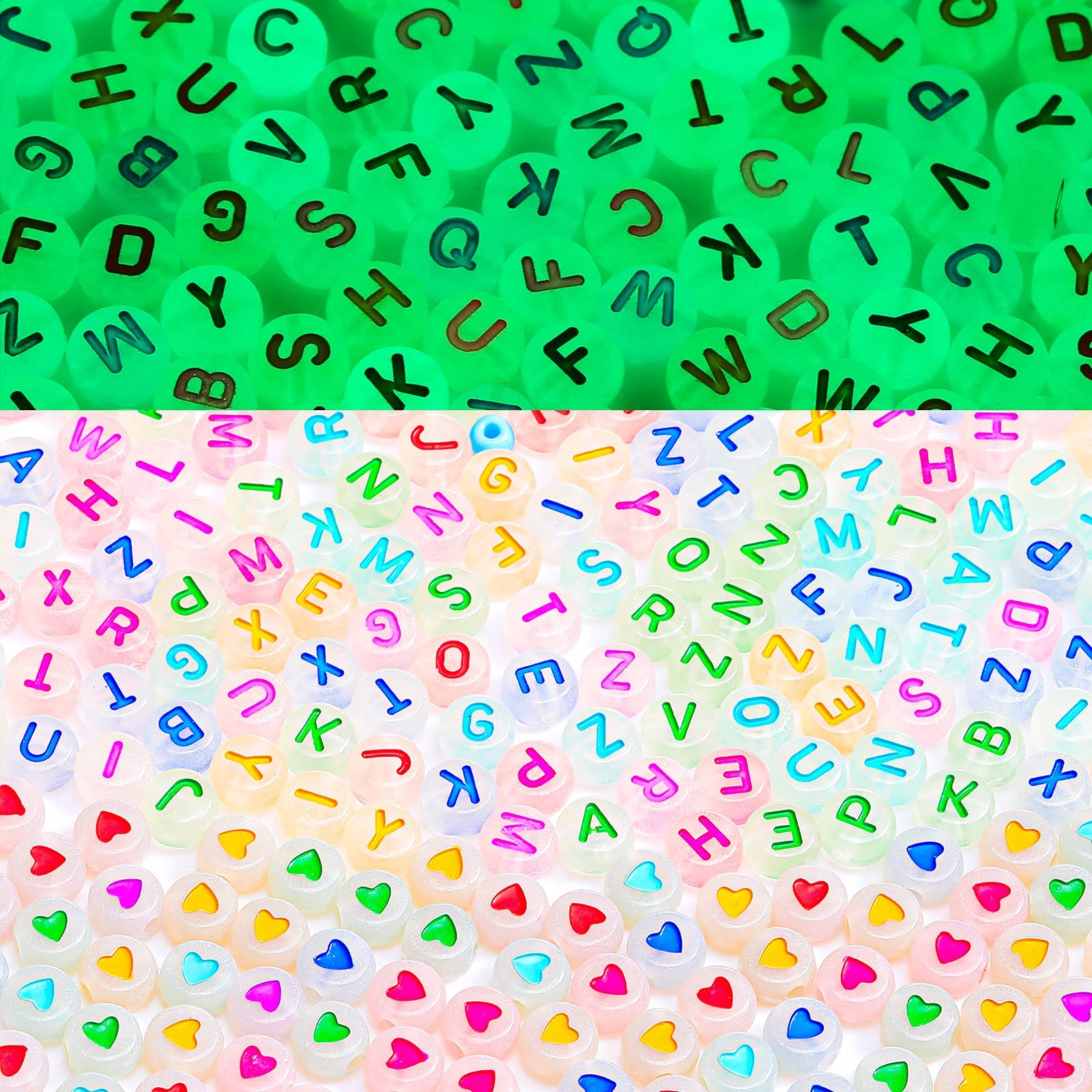 KASTWAVE100 PCS Luminous Alphabet Letter Beads, Acrylic Heart Beads Flat Beads Glow in the Dark Number Beads Colorful DIY Star Print for Bracelets Necklace Jewelry Making Supplies (Random English)