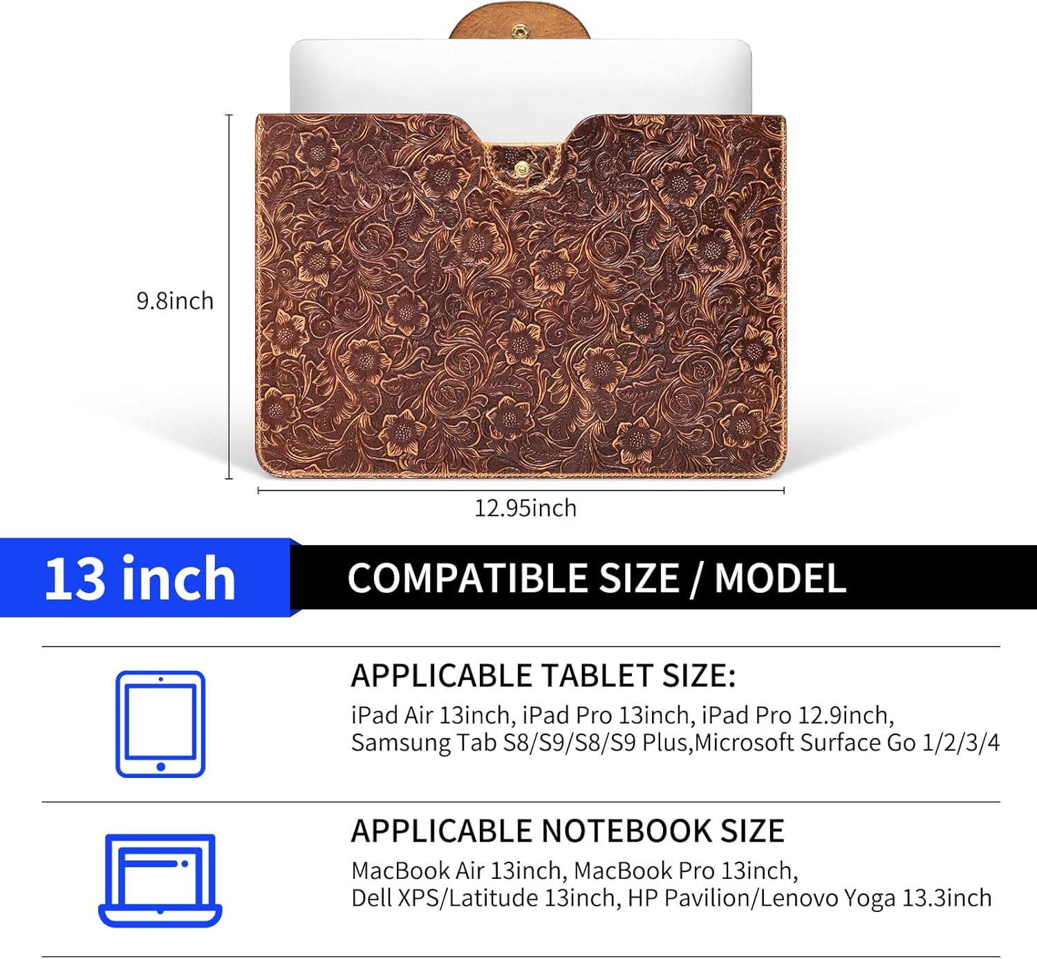 Genuine Leather Laptop Sleeve,Compatible with MacBook Pro 13 Inch M2 M1(2025-2016)＆MacBook Air 13 Inch M4 M3 M2 M1(2025-2018),Vintage Protective Computer Case with Floral Pattern,Brown