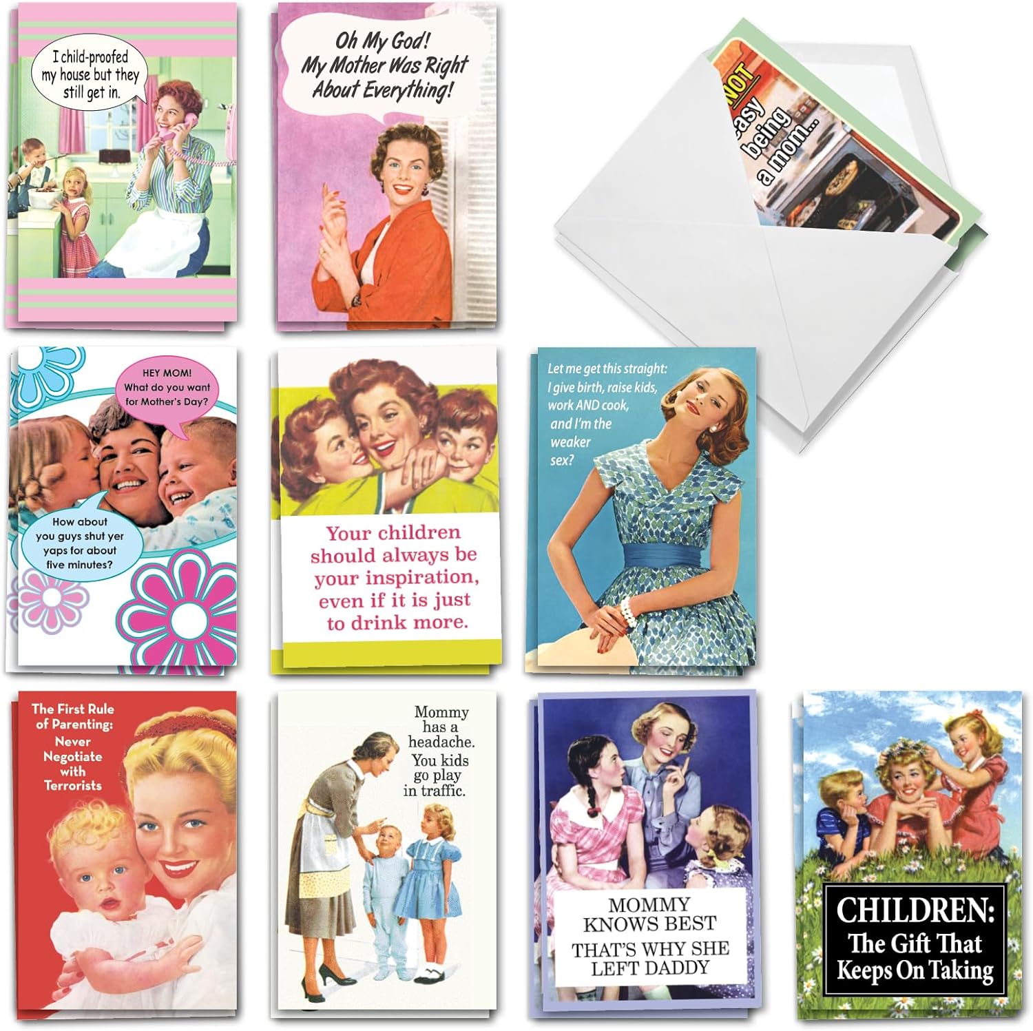 NobleWorks 20 Assorted Box Set Funny Mother's Day Greeting Cards w/5 x 7 Inch Envelopes (10 Designs, 2 Each), For Women, Mom Memories Of Motherhood AC6783MDG-B2x10