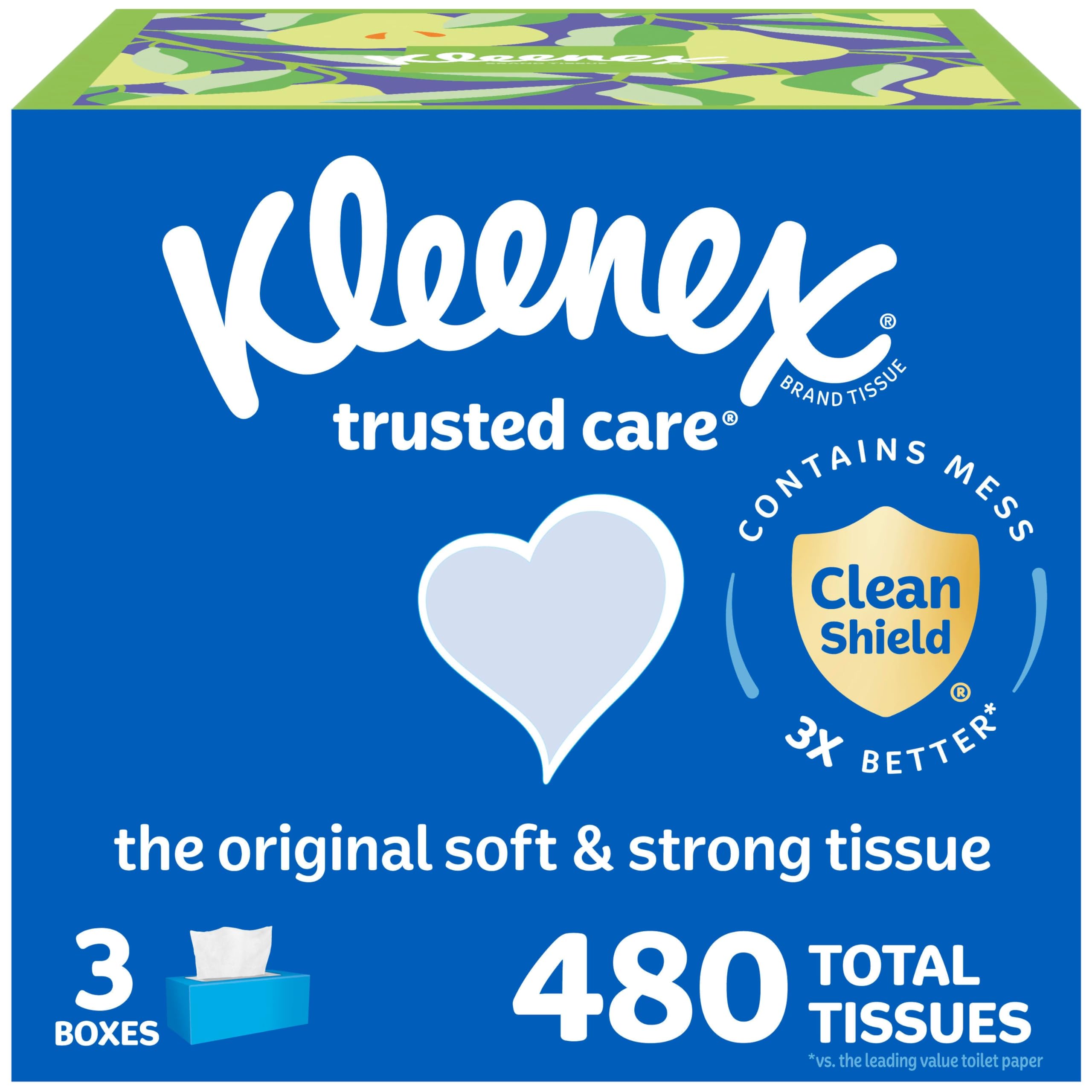 KleenexTrusted Care Facial Tissues, 3 Flat Boxes, 160 Tissues per Box, 2-Ply (480 Total), Packaging May VaryThe Forest Stewardship Council