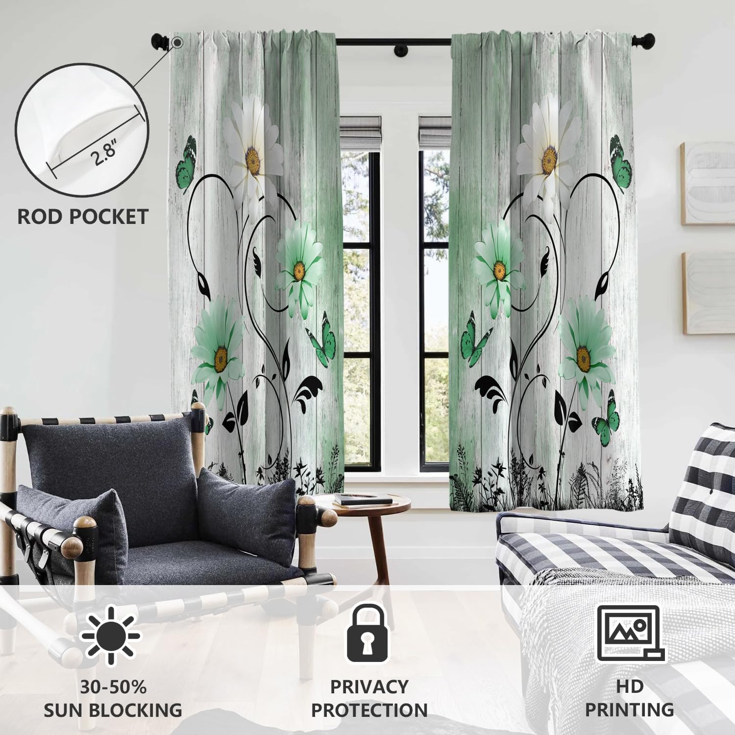 AAtter Green Floral Window Curtain Farmhouse Sage Vintage Rustic Flower Butterfly Retro Country Spring Living Room Bedroom Rod Pocket Drapes Treatment Fabric 1 Pair Home Decor, 42" W x 63" L, Pretty