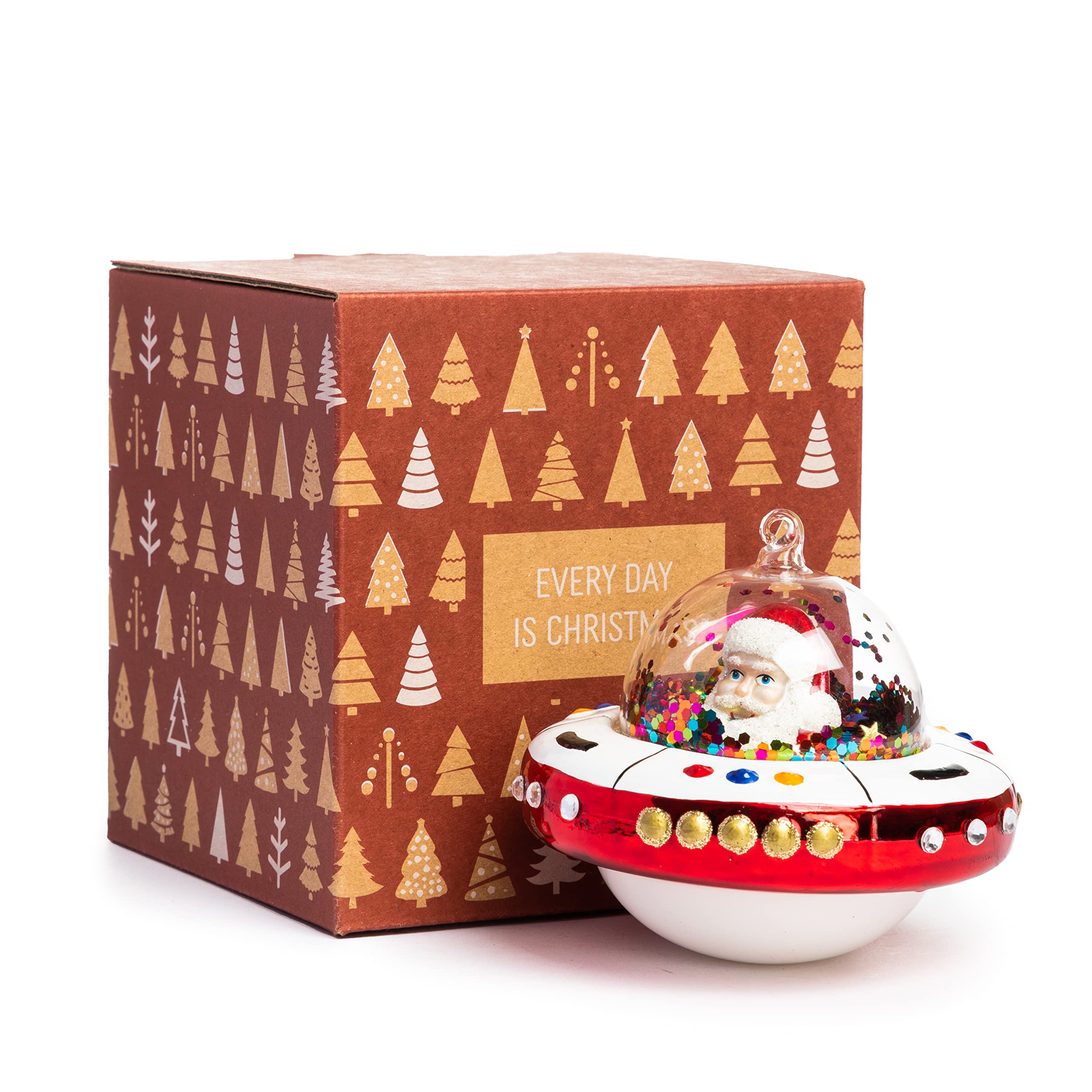 Every Day is Christmas Glass Blown Ornaments Cute Hand Made Figurines Tree Decoration, UFO Santa