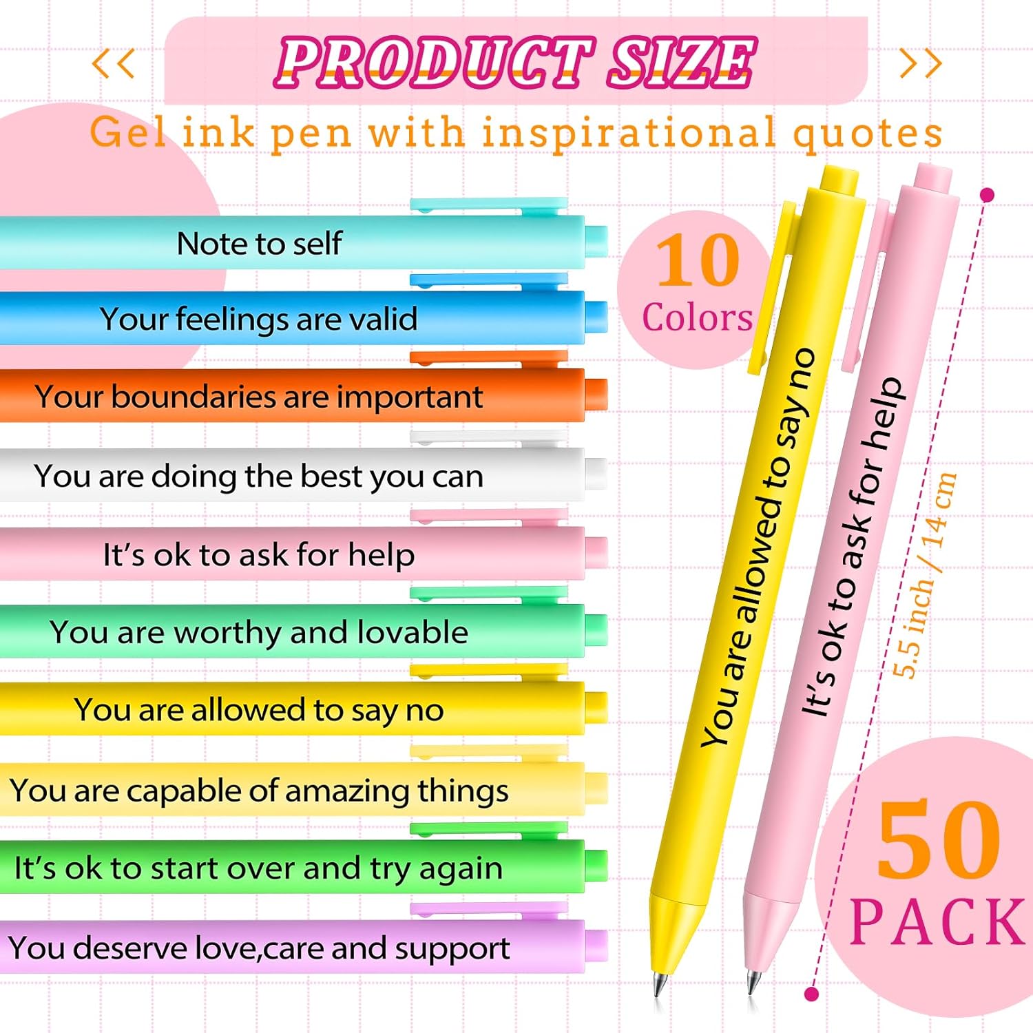 50 Pcs Motivational Gel Ink Pens Bulk with Different Inspirational Quotes Funny Inspirational Ballpoint Pens Bulk Smooth Writing for Thank You Gifts Teachers Students Women Coworkers Staff Volunteer