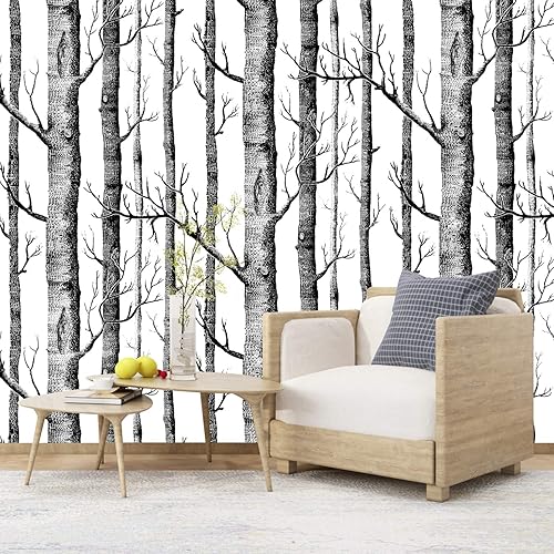 Miniatura 6 de WENMER Papel tapiz de abedul de 17.71 x 472 pulgadas, papel tapiz de tronco negro, autoadhesivo, impermeable, extraíble, de madera, decoración de