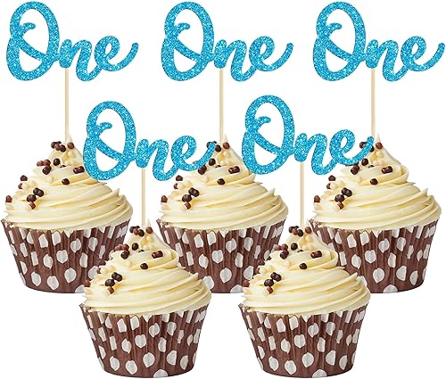 Gyufise 24 piezas de decoración de cupcakes con purpurina azul claro para primer cumpleaños para niños, baby shower, 1er cumpleaños, decoración de