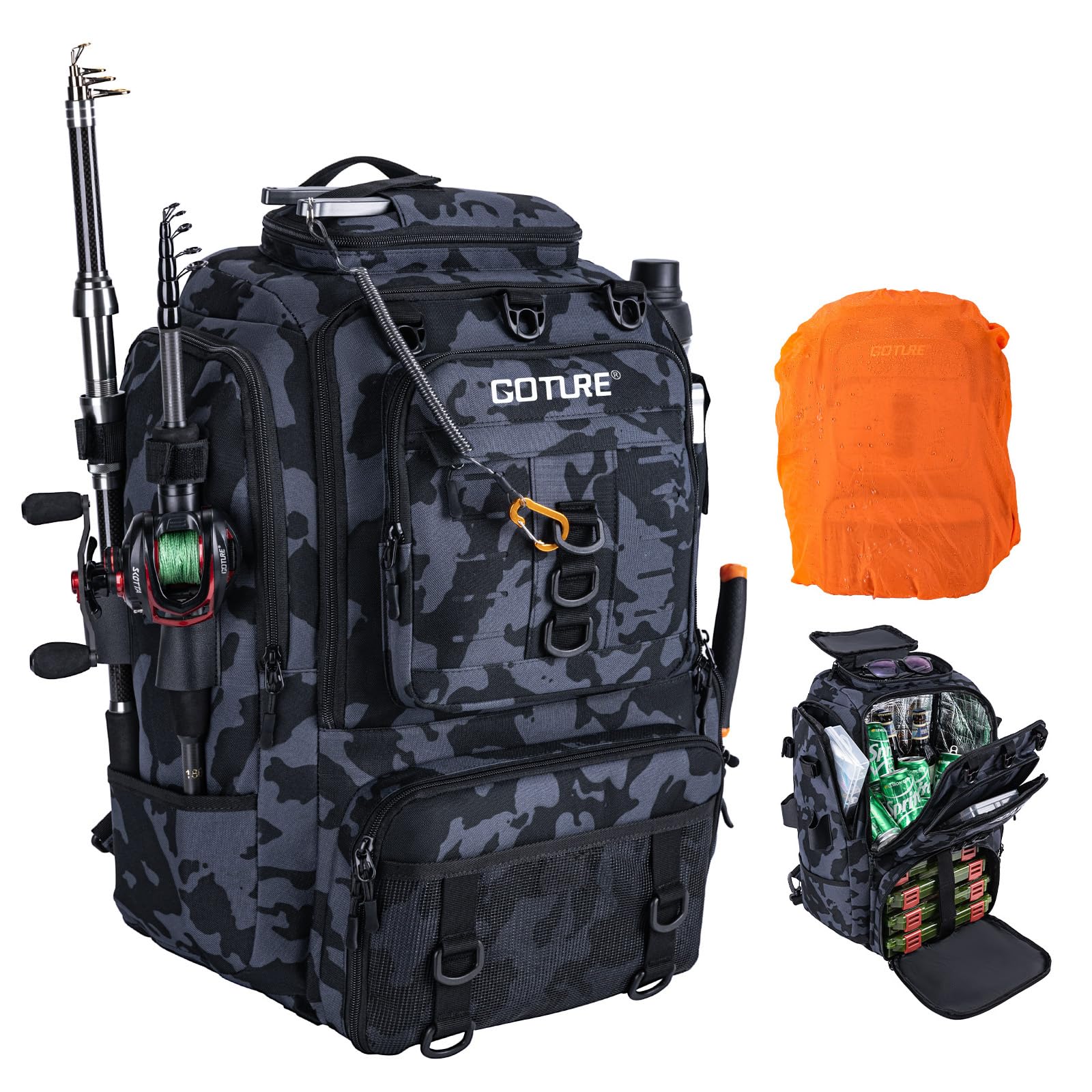 Goture Fishing Backpack 40L Tackle Rucksack Insulated Fishing Bag with Cooler, 900D Oxford Fabric with Rod Holder, Organised Storage Compartments, Rain Cover, Comfortable Straps Bag Only Camo