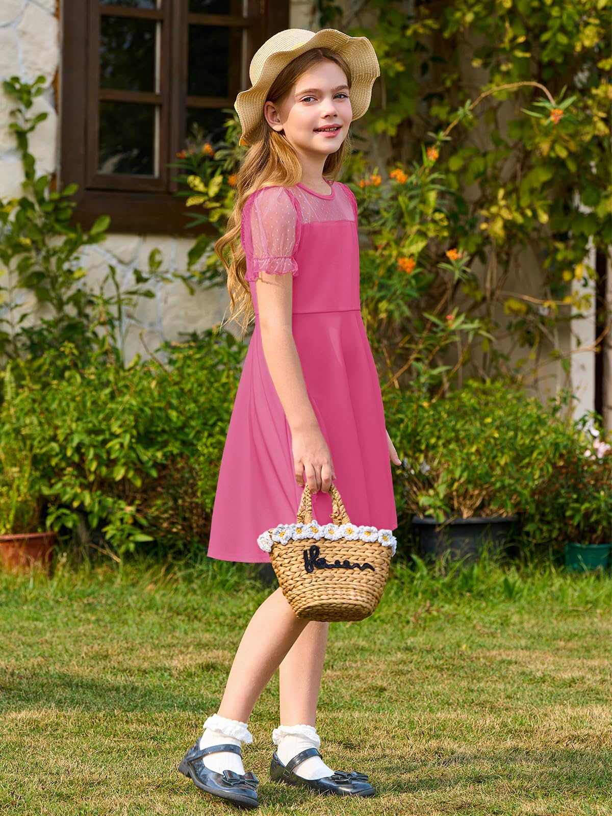 Haloumoning Vestito a maniche corte a sbuffo in rete a contrasto per ragazze a vita alta abiti casual con tasche 4-14 anni