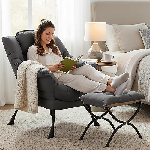 Miniatura 6 de Silla Lazy con otomana plegable, sillón moderno con reposabrazos y un bolsillo lateral y reposapiés plegable, silla de lectura de ocio para sala de