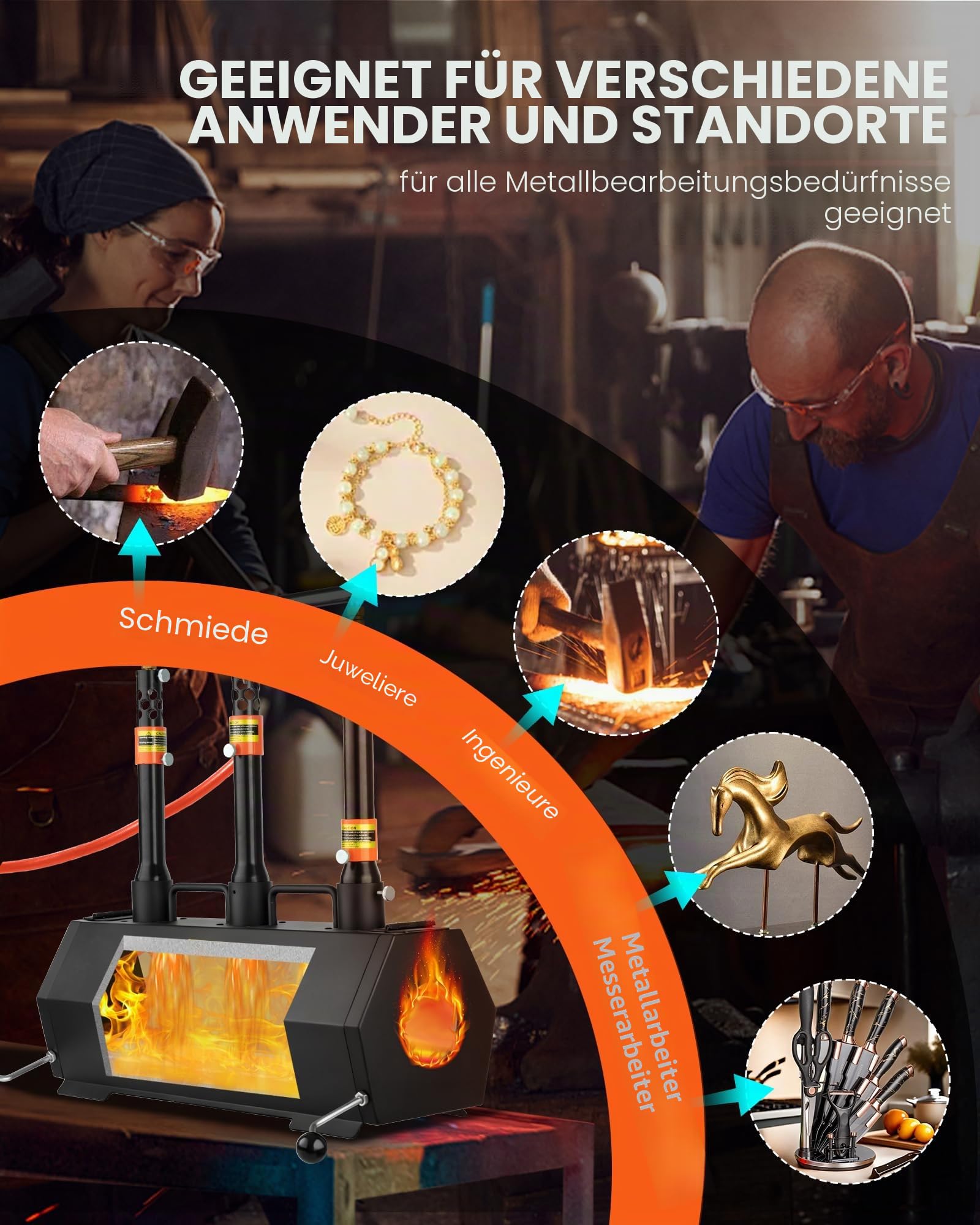 VEVOR Tragbares Propan-Gasschmiedegerät, Schmiedeofen mit 3 Brennern, zur Herstellung von Messern und Metallschmieden, Schmiedemessern, Schmiedemessern, maximale Temperatur von 1427 °C, sechseckig