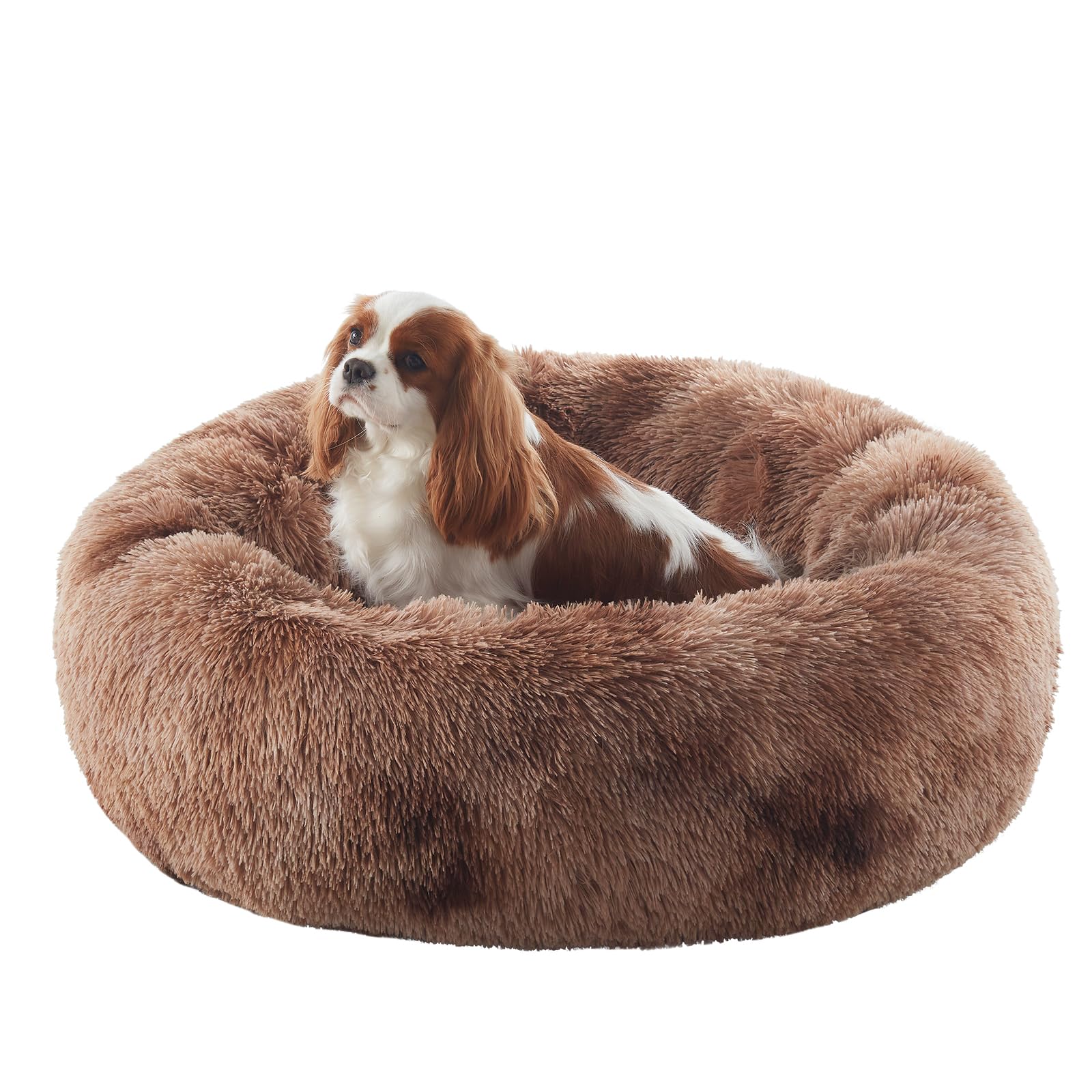 BedStill 30 inches Donut Dog Bed for Medium Dogs,Calming Fluffy Round Pet Bed with Removable & Washable Cover,Fits up to 45 lbs Pets(Tie-dye Brown,