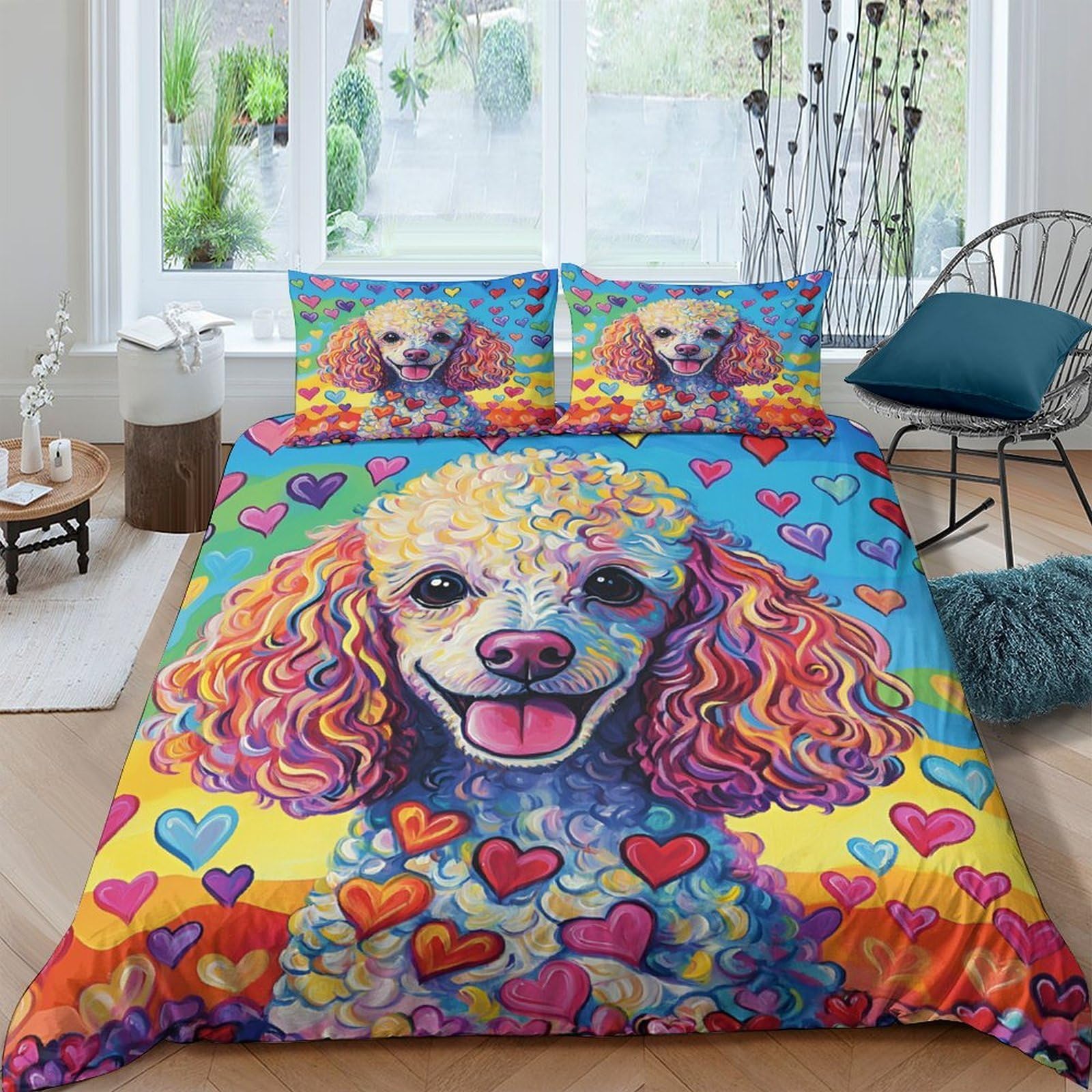 Ctjqhvkz Style-10 3D Printed Colorful Poodle Fitted Sheet Microfiber Vibrant Dog Art Bed Cover Non-Slip Bedroom Decor Machine Washable Single（135X200cm）