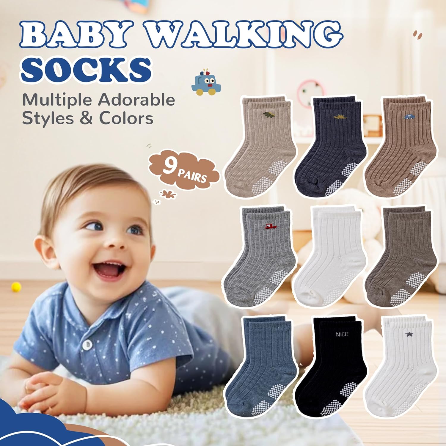 WEVIAS Baby Socks Toddler Grip Non Slip Cotton Crew Infant Boys Girls Anti Skid Socks 9 Pairs - Image 4