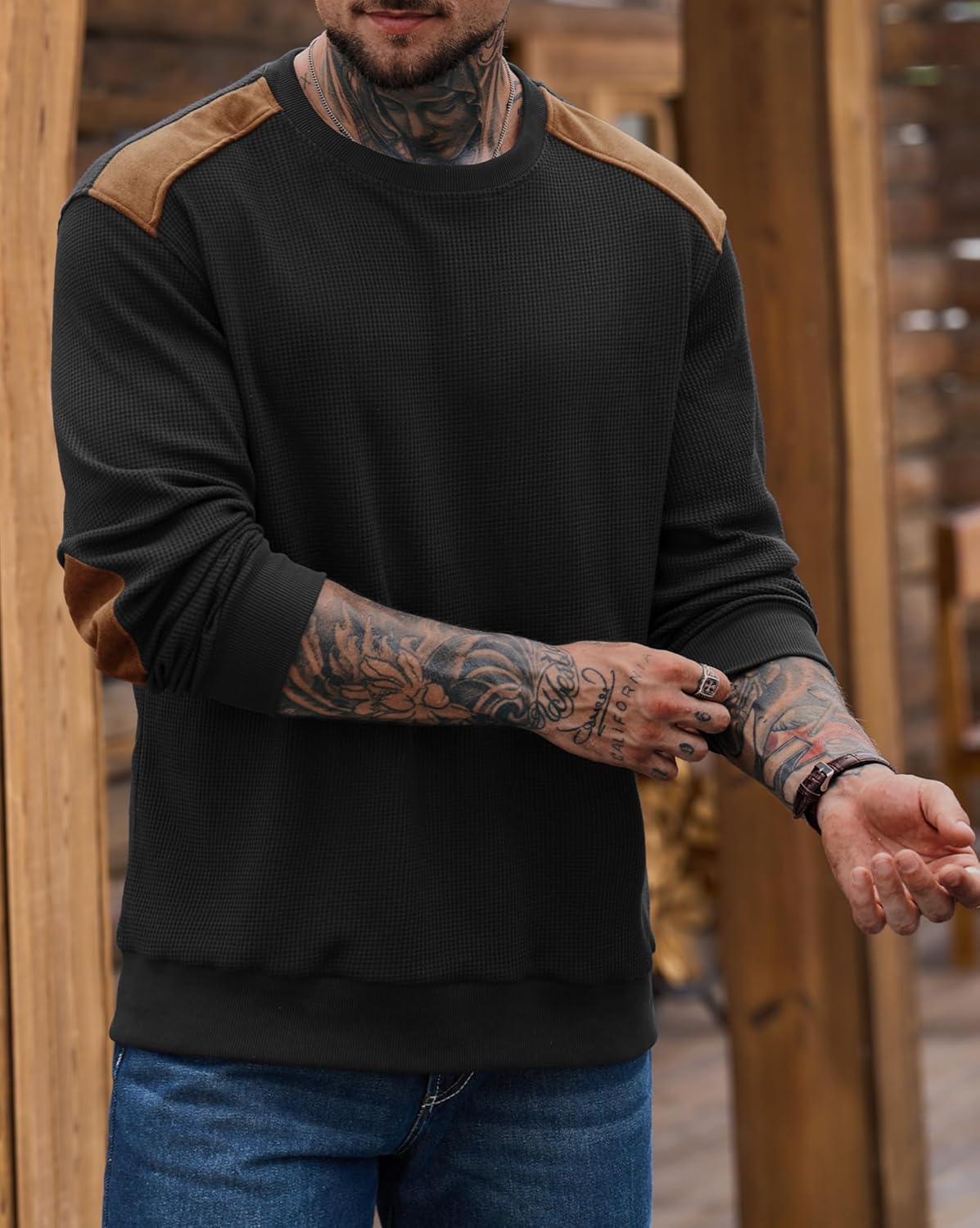 VOGSTART Men Waffle Elbow Patch Shirt Western Long Sleeve Fall Pullover(S-2XL) - Image 3