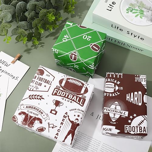 Miniatura 4 de AnyDesign 12 hojas de papel de regalo de rugby para casco de fútbol, papel de regalo a granel, blanco, verde, marrón, papel artístico para