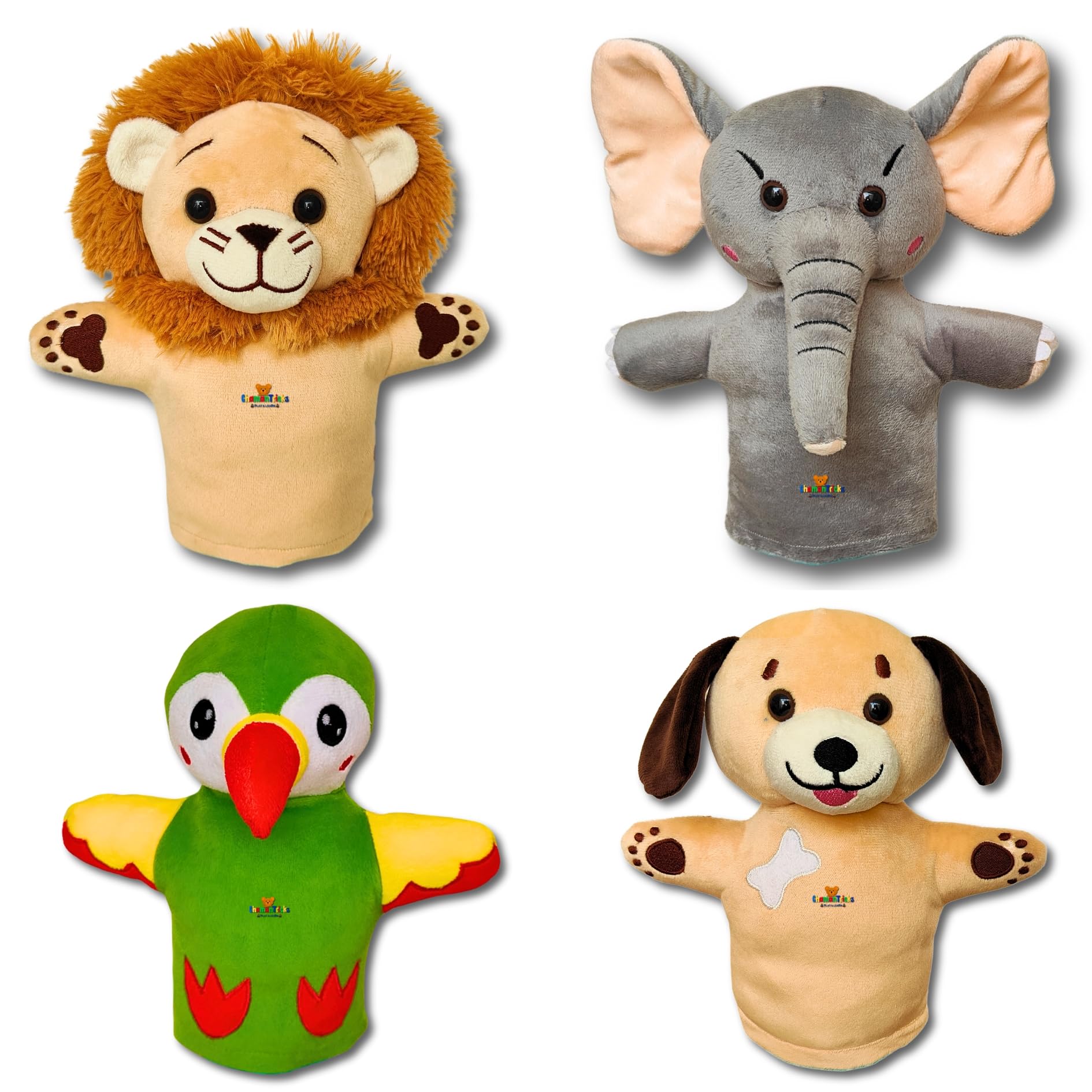 Chamantricks Storytelling Plush Puppets | Lion | Elephant | Dog | Parrot | Animal & Bird Hand Puppets (Pack of 4) (The Jungle Crew)