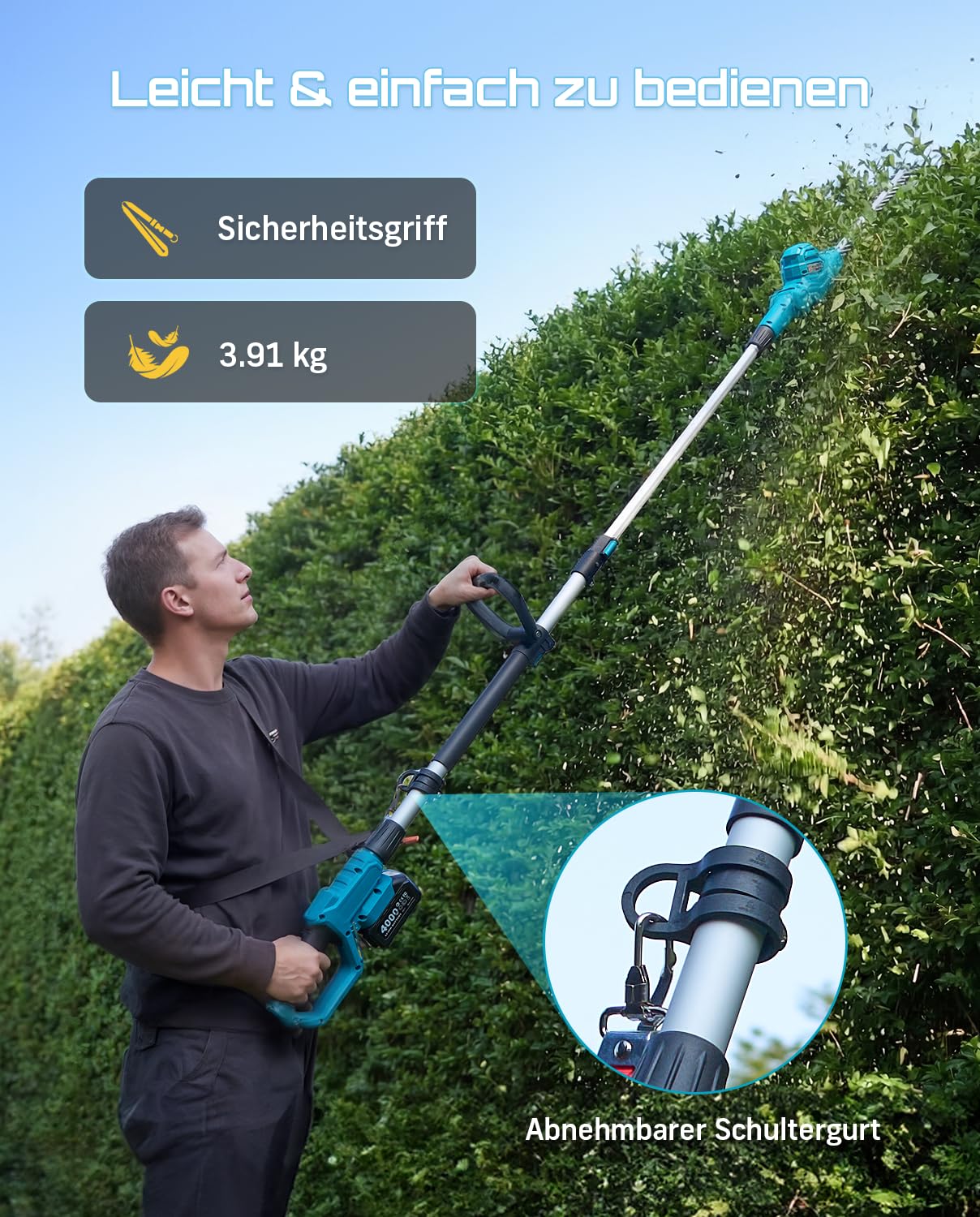 SEESII Teleskop Heckenschere Akku 20 Zoll, Leicht 3,91kg für Senioren & Frauen, 4,4m Reichweite, 600W mit 2x4000mAh Akku, 135° Schwenkkopf, Elektrische Heckentrimmer Langstiel für Hohe Hecken