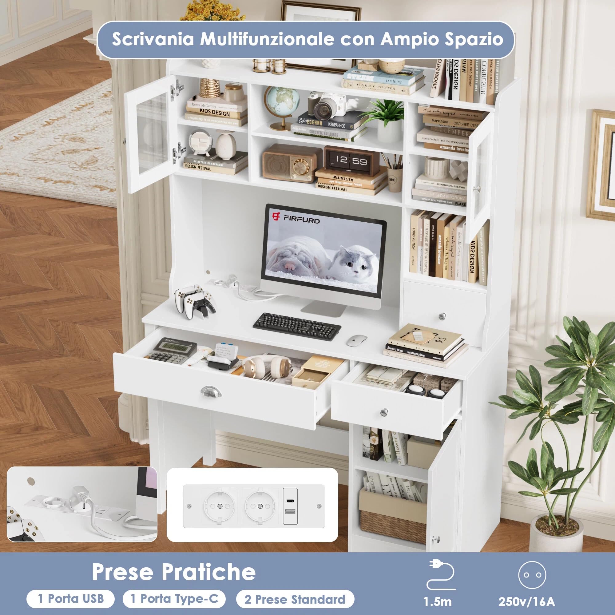 FirFurd Scrivania con Cassetti,Scrivania con 2 Prese e 2 USB 120x48x165cm | Scrivania Gaming a Luci LED Multicolori,Toeletta da Trucco a Cassettiera e 3 Ante,Ripiani Regolabili,per Casa Ufficio,Bianco