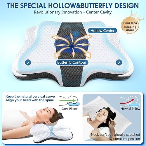 Miniatura 2 de Almohada cervical para alivio del dolor para soporte de cuello y hombros, almohadas de espuma viscoelástica cervical de diseño hueco, almohada