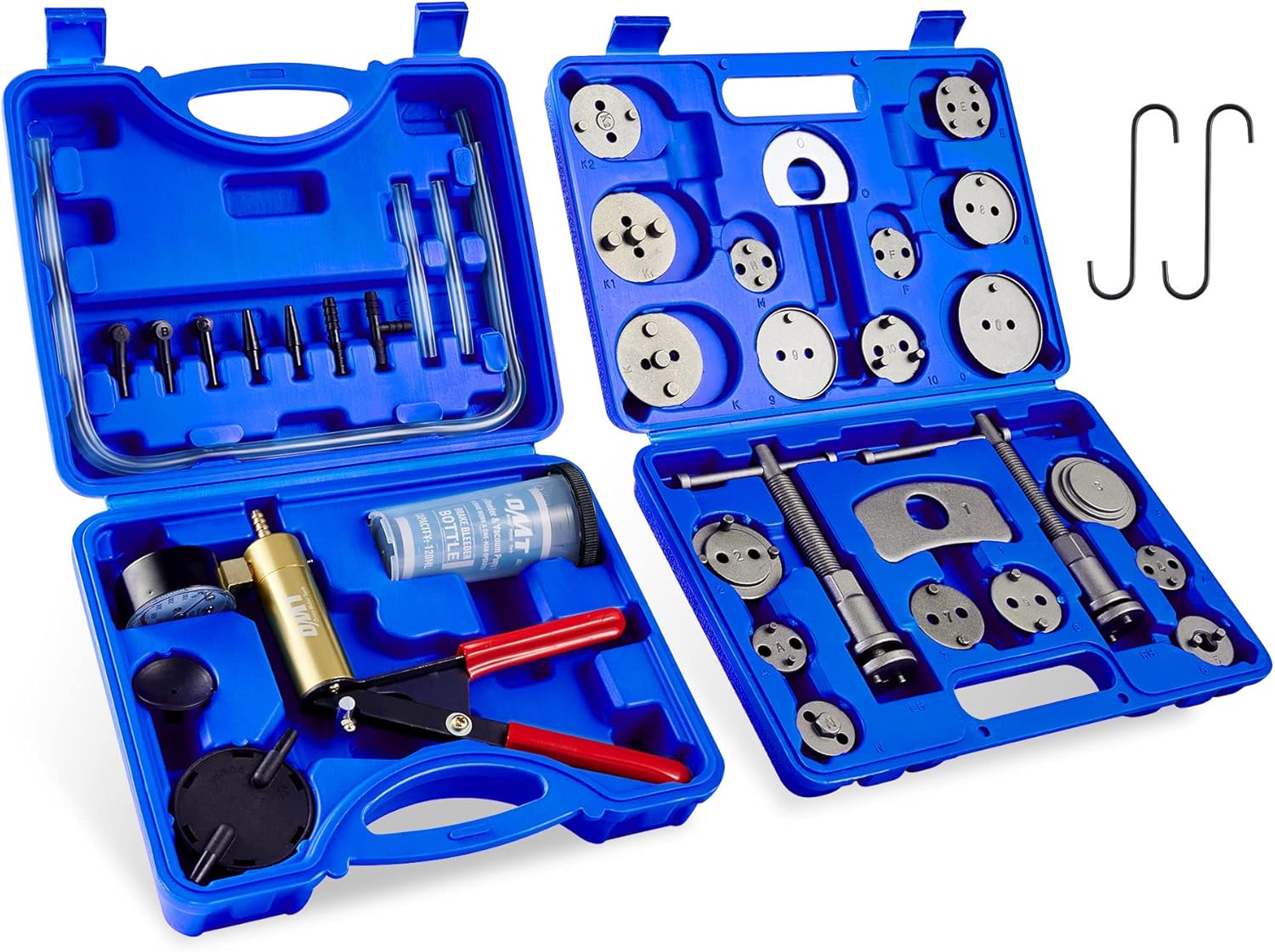 Orion Motor Tech 2 in 1 Brake Caliper Compression Tool & Brake Bleeder Kit, Handheld Vacuum Pump Brake Bleeder Tool Set, Disc Brake Pad Service Tool with Thrust Bolt Retaining Plates & 18 Adapters