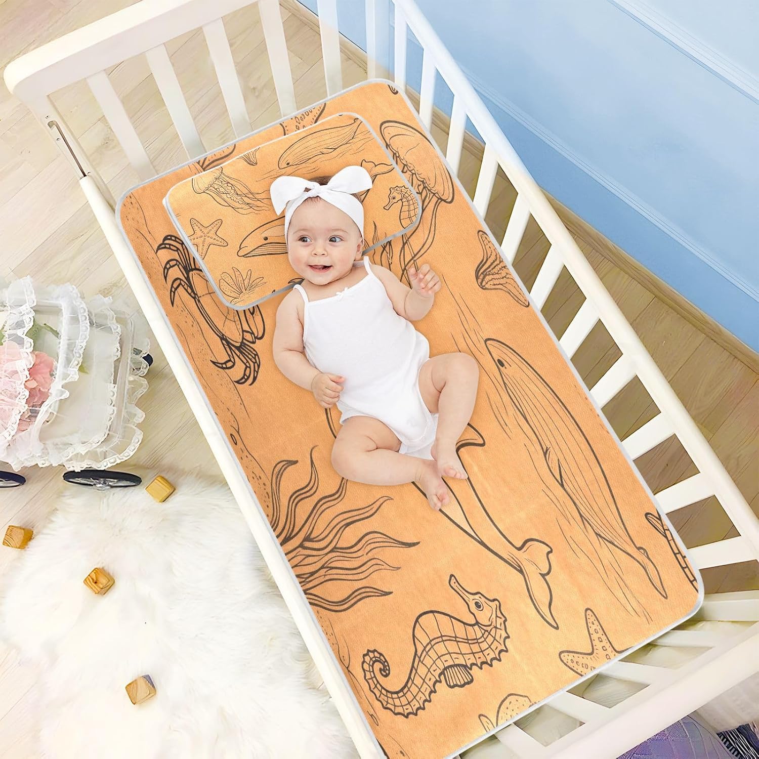 Waterproof Baby Crib Mattress, 28" x 52" Ultra Soft Black Orange Underwater Seahorse Washable Pads for Babies and Toddlers