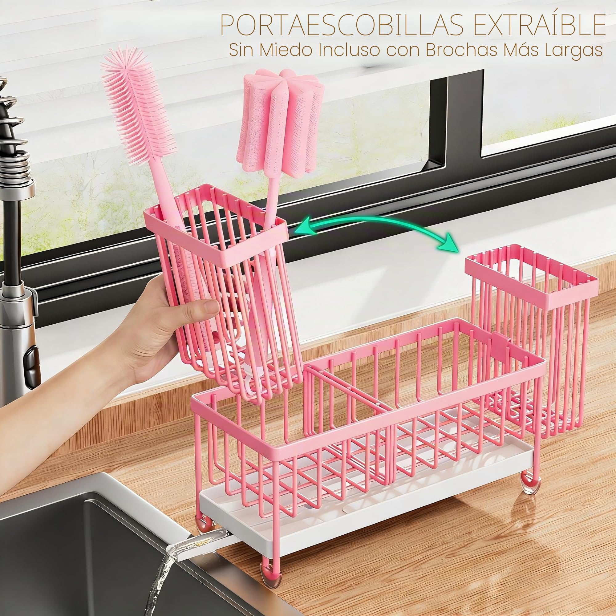 Cisily Soporte de Esponja Rosa para Fregadero de Cocina, Organizador de Fregadero con Soporte Alto para cepillos, encimera de Cocina, Acero Inoxidable 304, dispensador de jabón, organizadores de