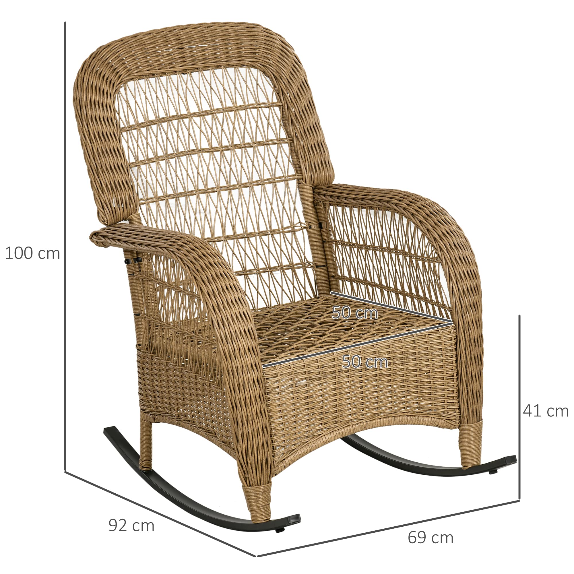 Outsunny Rattan Schaukelstuhl, Schaukelsessel mit Kissen, Gartenstuhl mit Waschbaren Polsterbezüge, Loungemöbel für Hinterhof, Garten, Terrassen, Gelb, 69 x 92 x 100 cm