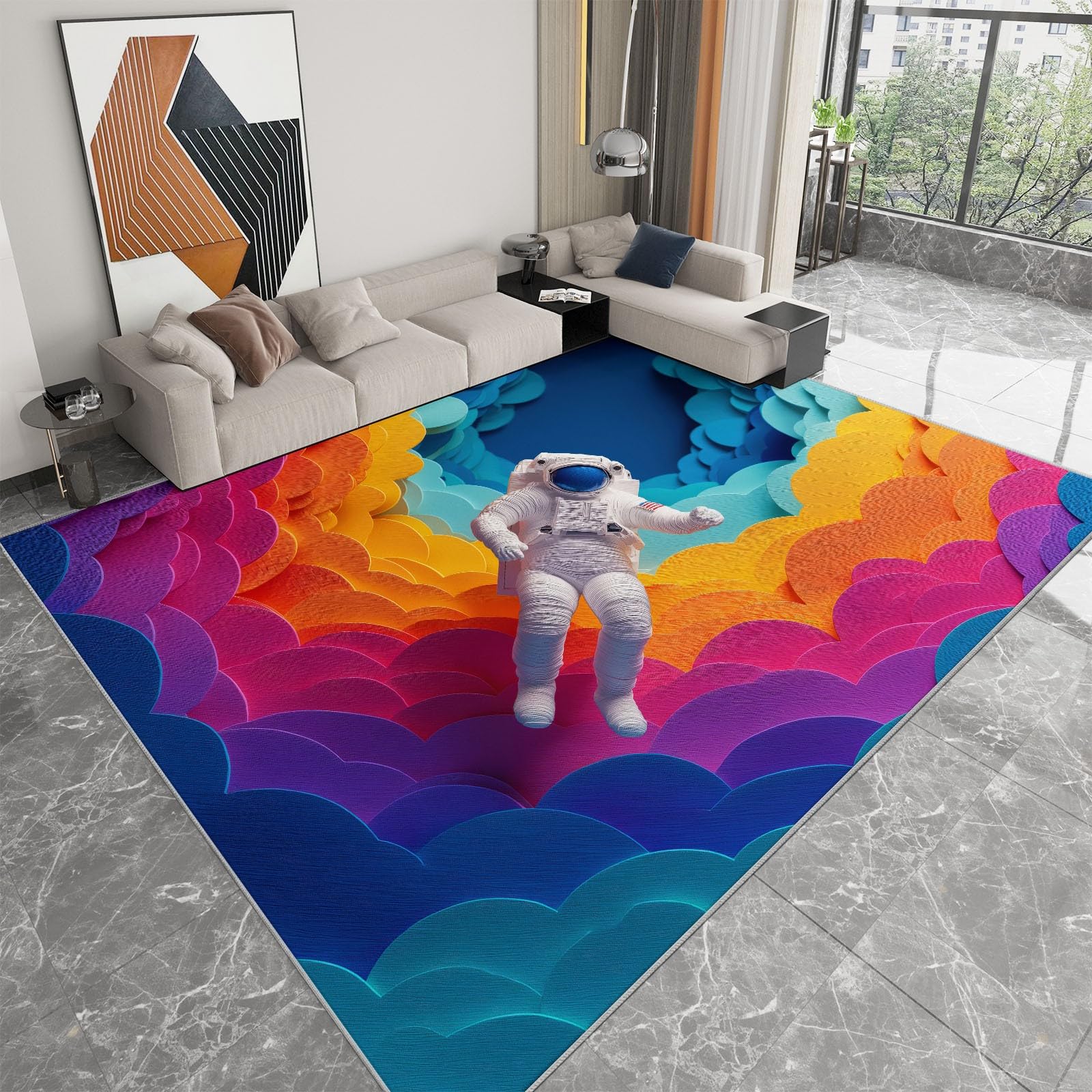 Tapis de Salon 160 x 230 cm Poil Court Nuages Arc en Ciel Astronaute