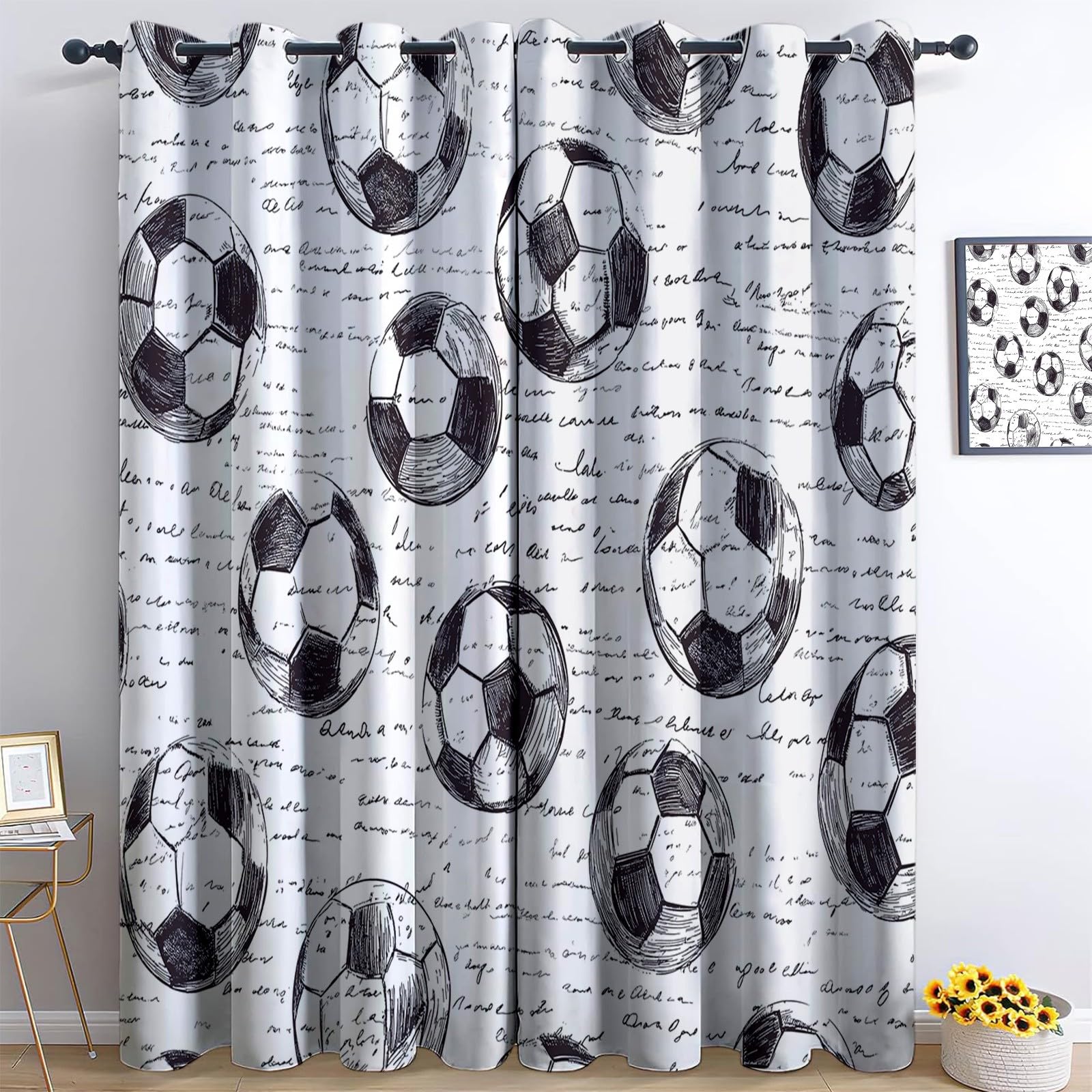 Cortinas Salon Opacas Patrón Fútbol Dibujado A Mano, Cortinas de Ojales Dormitorio para Niños 2 Piezas Suave En Blanco Y Negro Termicas Curtain para Habitación Decor Ventana, 2x140x245 cm