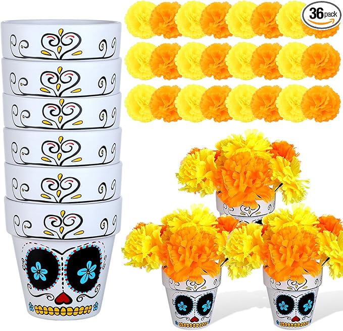 36 Pcs Day of The Dead Table Centerpiece Sugar Skull Pots with Marigold Flower Dia De Los Muertos Skeleton Centerpiece for Halloween Party Tables Decorations