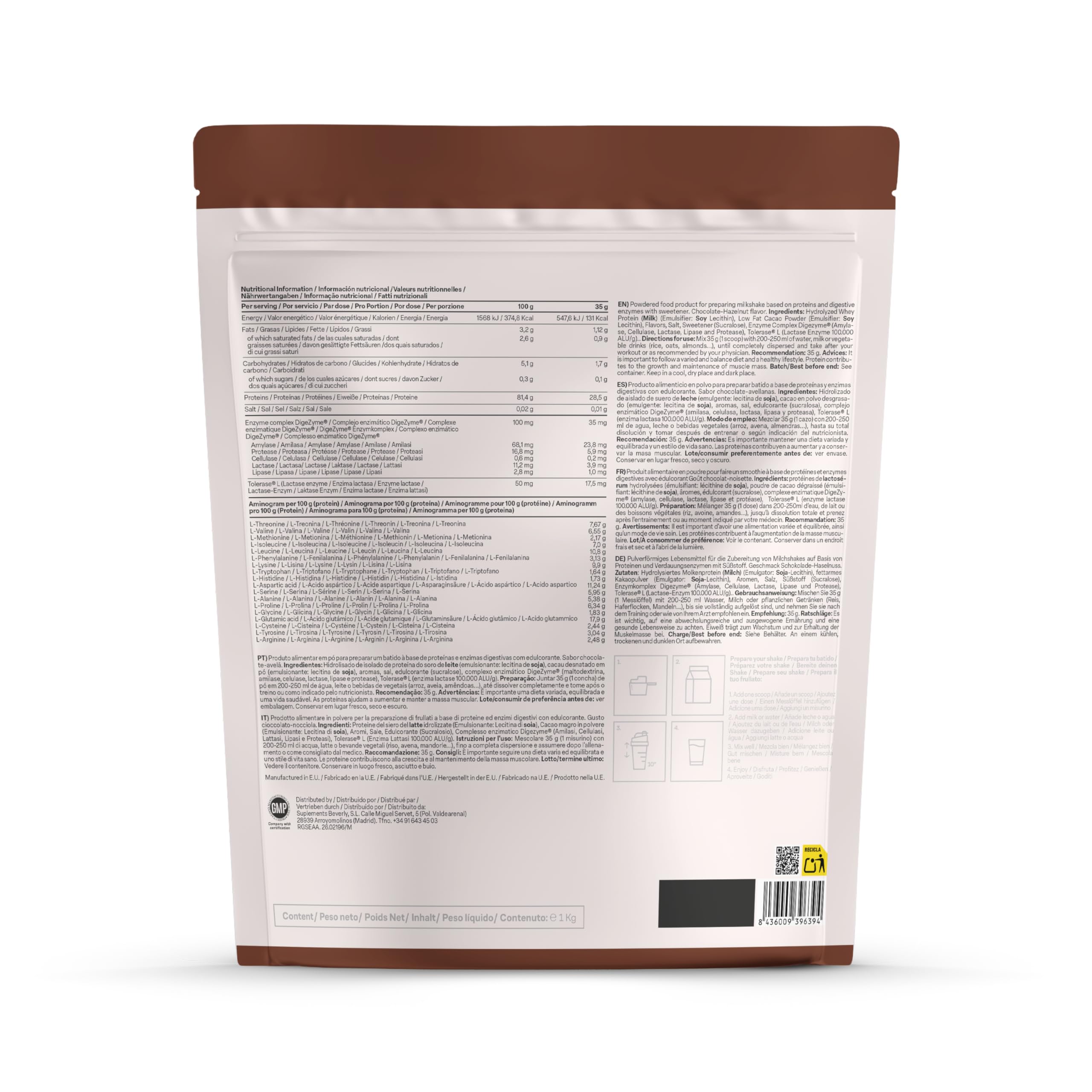 Beverly HYDRO PROTEIN – Proteína Hidrolizada de Suero con DigeZyme® y Tolerase® | 29 g Proteína por Ración | 1 kg (28 Servicios) | Alta Digestibilidad (Chocolate avellana)