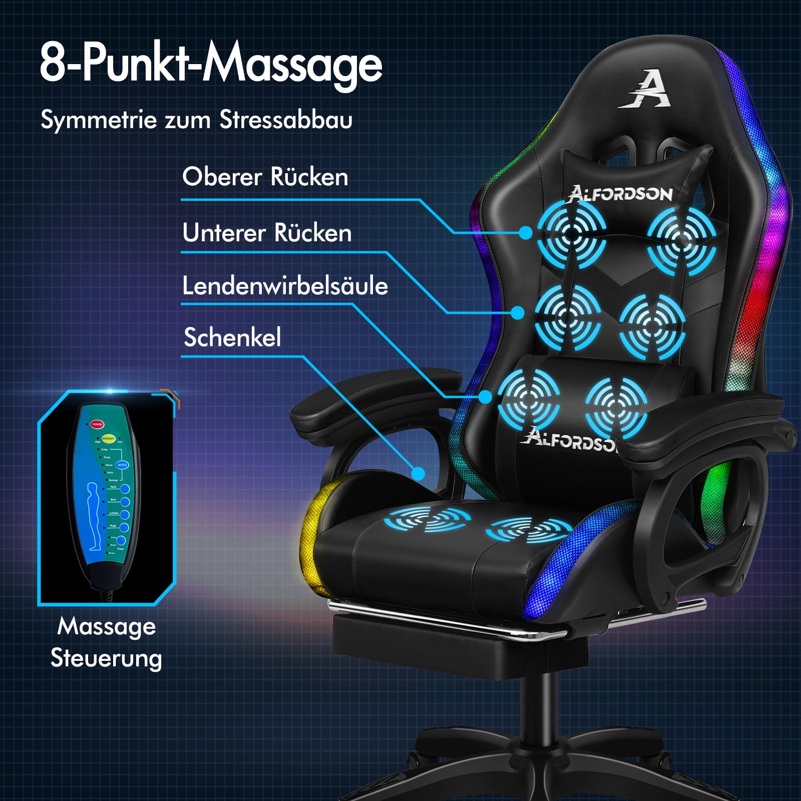 ALFORDSON Gaming Stuhl Gamer Stühle RGB LED Racing Gamer-Stuhl PC-Gaming-Sessel Massage Bürostuhl ergonomisch Fußstützen, Schreibtischstuhl, Neigungswinkel 90-150°,180 kg belastbar, Schwarz