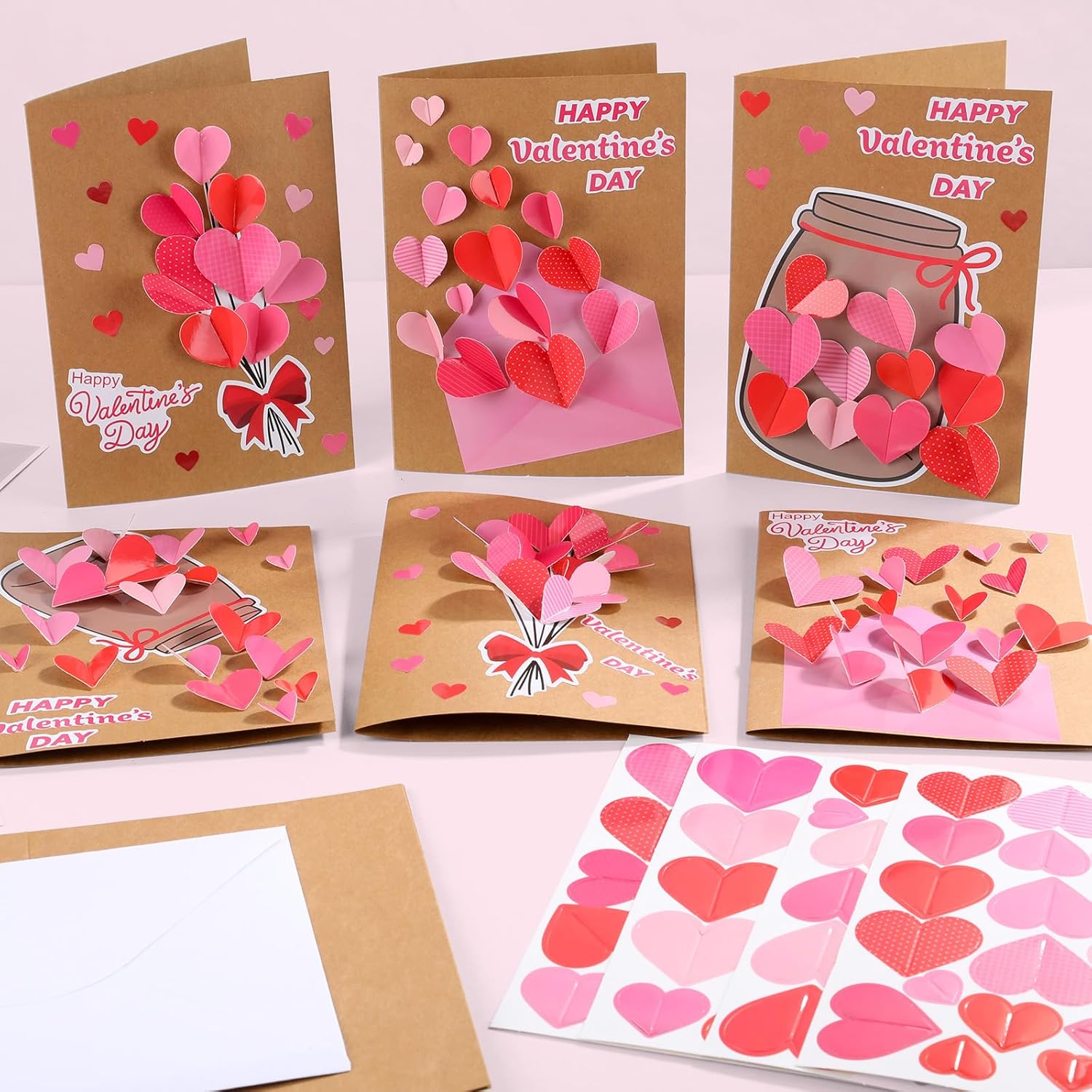 ojustbeok 24 Sets Valentine's Day DIY Card Making Kit 3D Heart Candy Jar Greeting Cards with Envelope Stickers Valentines DIY Card Crafts for Gifts Exchange Valentine Party Favors