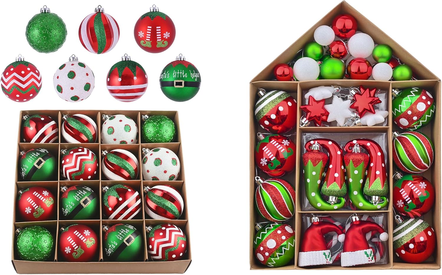 Valery Madelyn Christmas Ornaments Value Bundle, 70ct & 16ct Elf Red Green White Shatterproof Christmas Ball Ornaments Set, Decorative Hanging Ornament Bulk for Xmas Holiday Party Decor