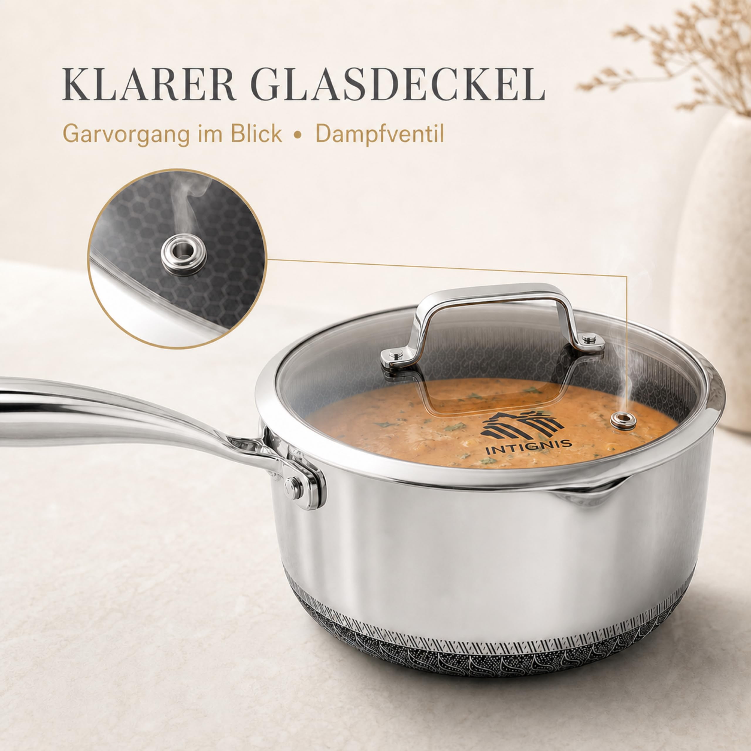 Stielkasserolle mit Deckel, 20 cm/2L, antihaftbeschichtet, für Induktion, Kochtopf mit Ausgießer, kühlbleibender Griff, kratzfest,