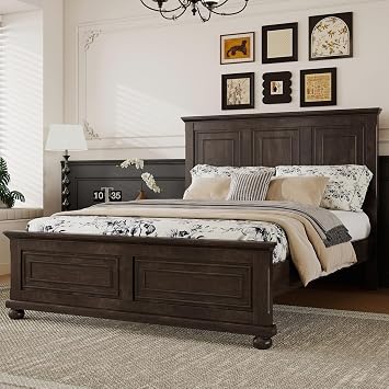 Farmhouse Queen Size Platform Bed for Adults, Solid Wood Platform Beds with Tall Headboard & Footboard, Queen Panel Bed for Bedroom, Rich Brown