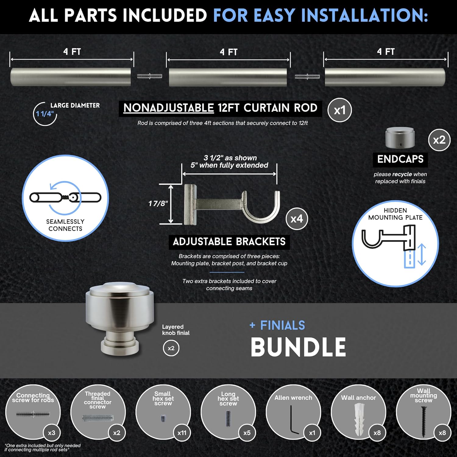 12 foot Custom Curtain Rod & Layered Knob Finials Bundle – Luxury Nonadjustable 1 ¼” Large Diameter with Designer Finials & Premium Quality Mounting Brackets – Brushed Nickel Finish