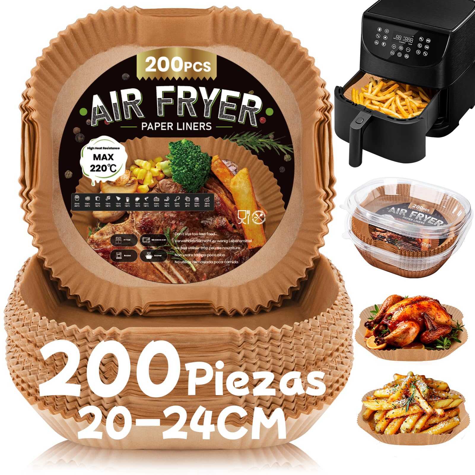 200 Piezas Papel para Freidora de Aire 5-8L, 20-24CM Papel Air Fryer Cuadrado, Papel Freidora Aire Desechable Antiadherente para Horno Microondas, Perfecto para COSORI Cecotec 5,5 6L