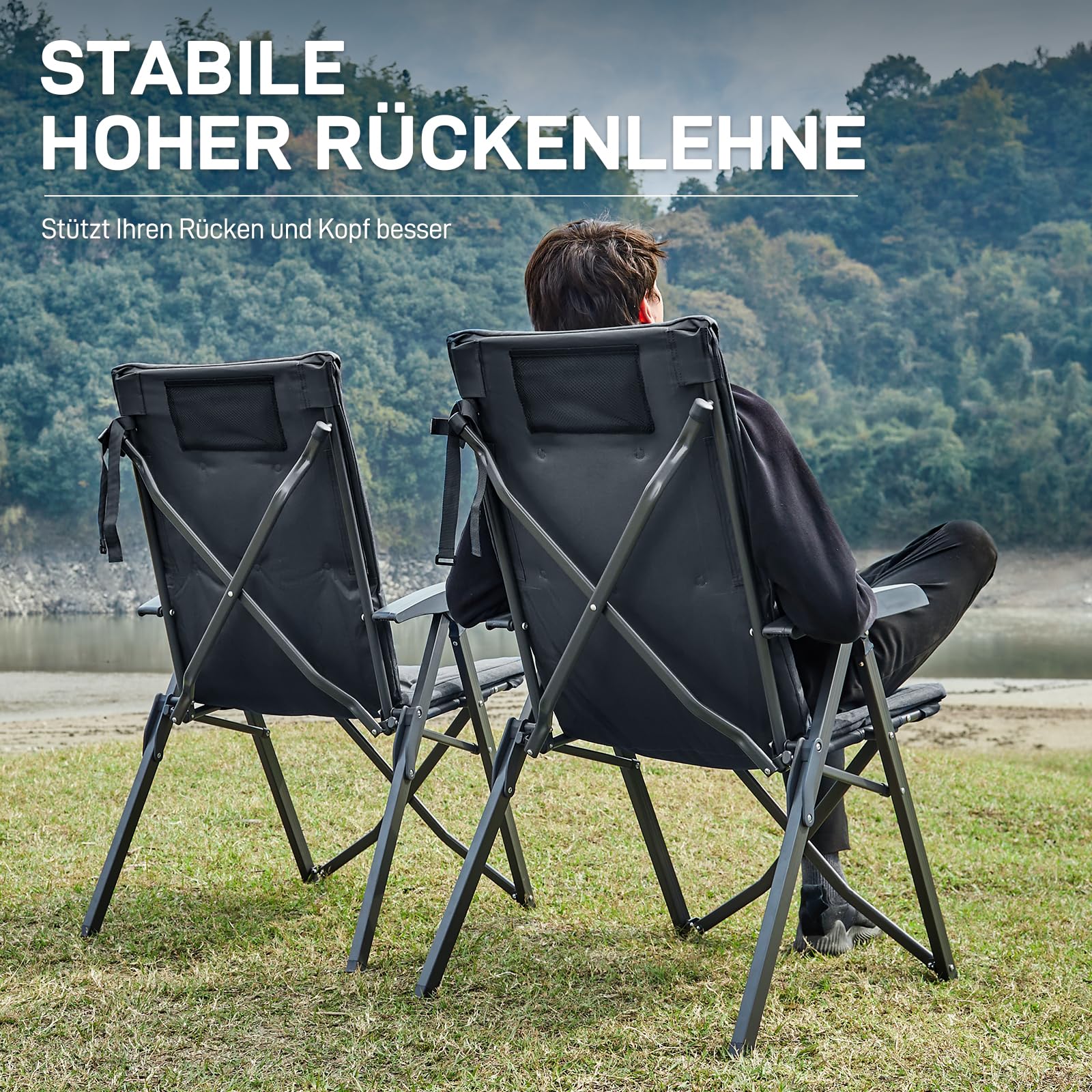 EVER ADVANCED Campingstuhl Faltbar Rückenverstellbar in 4 Positionen 150 KG Belastbarkeit Klappstuhl Luxus 6cm Dicke Gepolstert Gartenstuhl Hohe Lehne Angelstuhl für Camp Garten Balkon Alu+Stahl