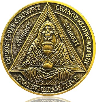 Grim Reaper and Serenity Prayer Recovery Sobriety Chip AA Medallion Sober Gift