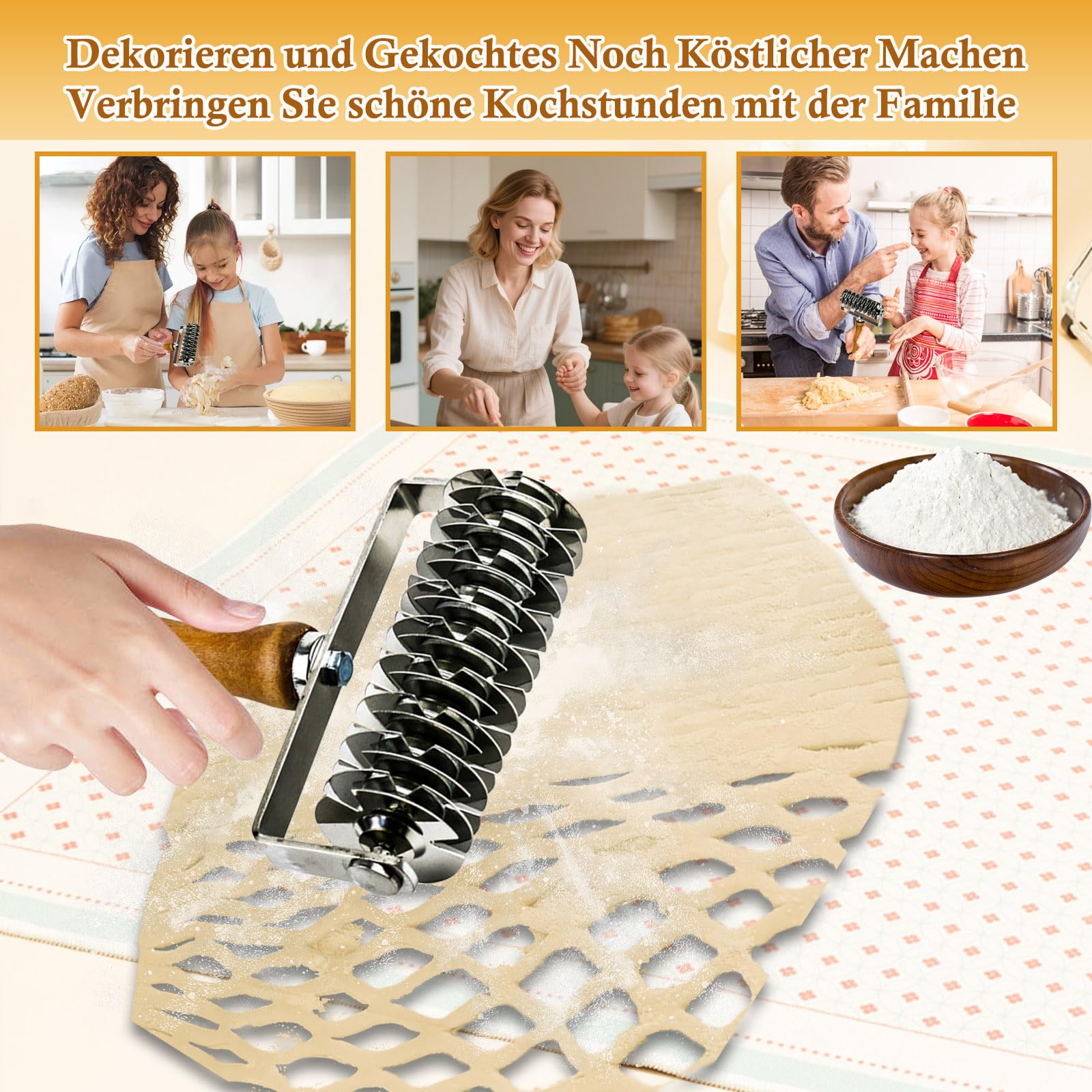 Qivine Gitterroller Teig, Gitterwalze Teigschneider Edelstahl mit Holzgriff, Kuchen Gitterschneider Nudelschneider für Pizza, Pastry, Brot