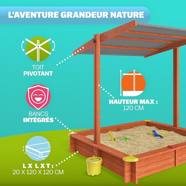 SPIELWERK Sami Wooden Sandbox 120 x 120 cm Adjustable Roof Floor Mat UV Protection 50+ Game for Children Outdoor Garden - 2