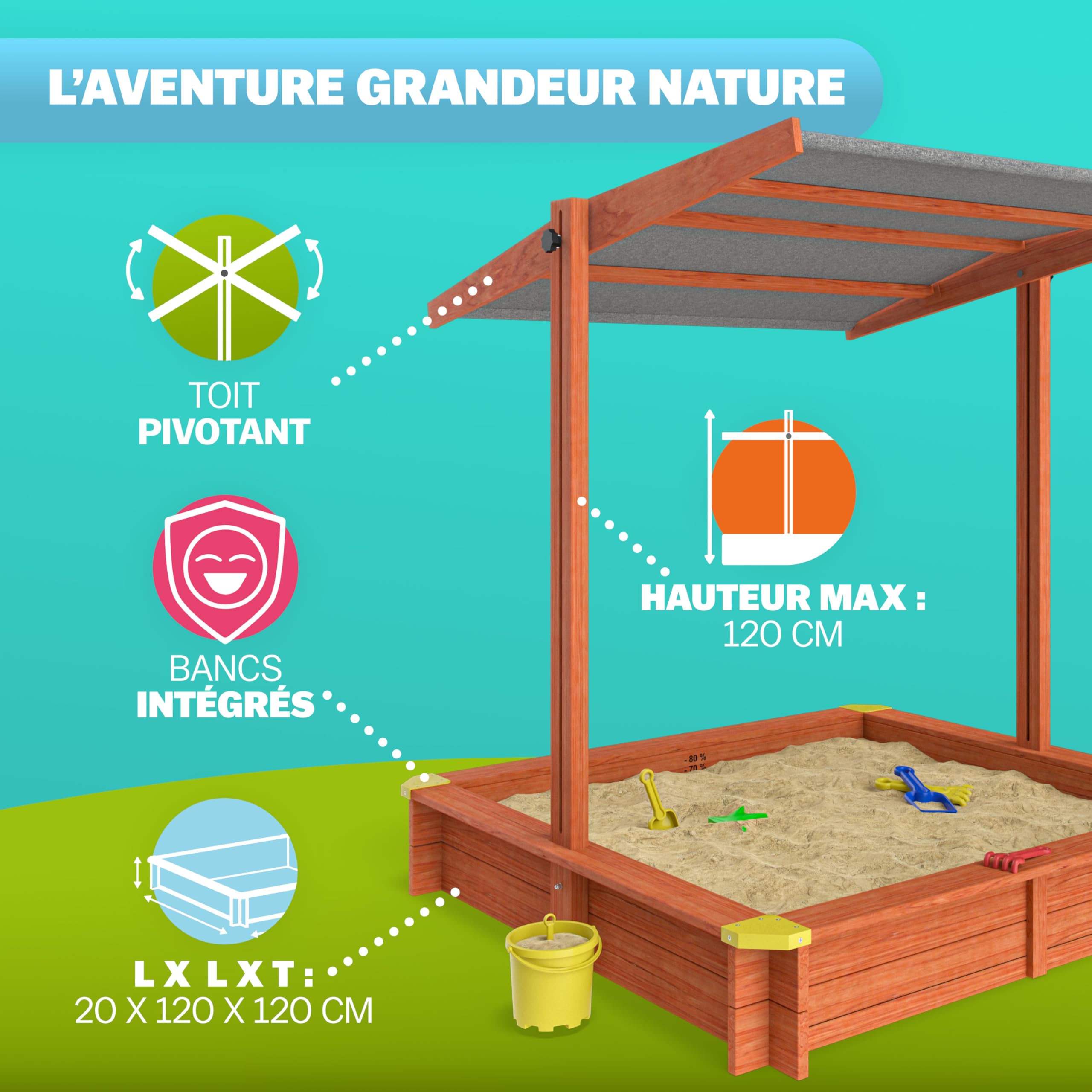 SPIELWERK® Bac à Sable en Bois Sami 120x120cm Tapis de Sol Toit réglable Protection UV 50+ Jeu pour Enfants extérieur Jardin