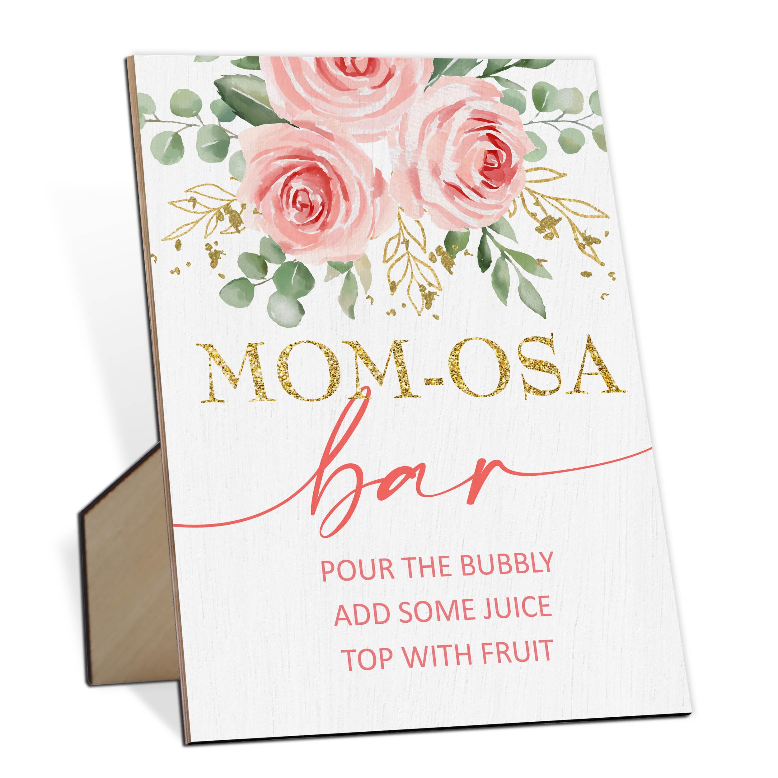Mom-osa Bar Baby Shower Sign, Pink Floral Gender Neutral Tabletop Sign With Stand, Wooden Game Sign for Baby Shower Mom Birthday Mother's Day Decor, Gender Reveal Party Favors Supplies-MQ405