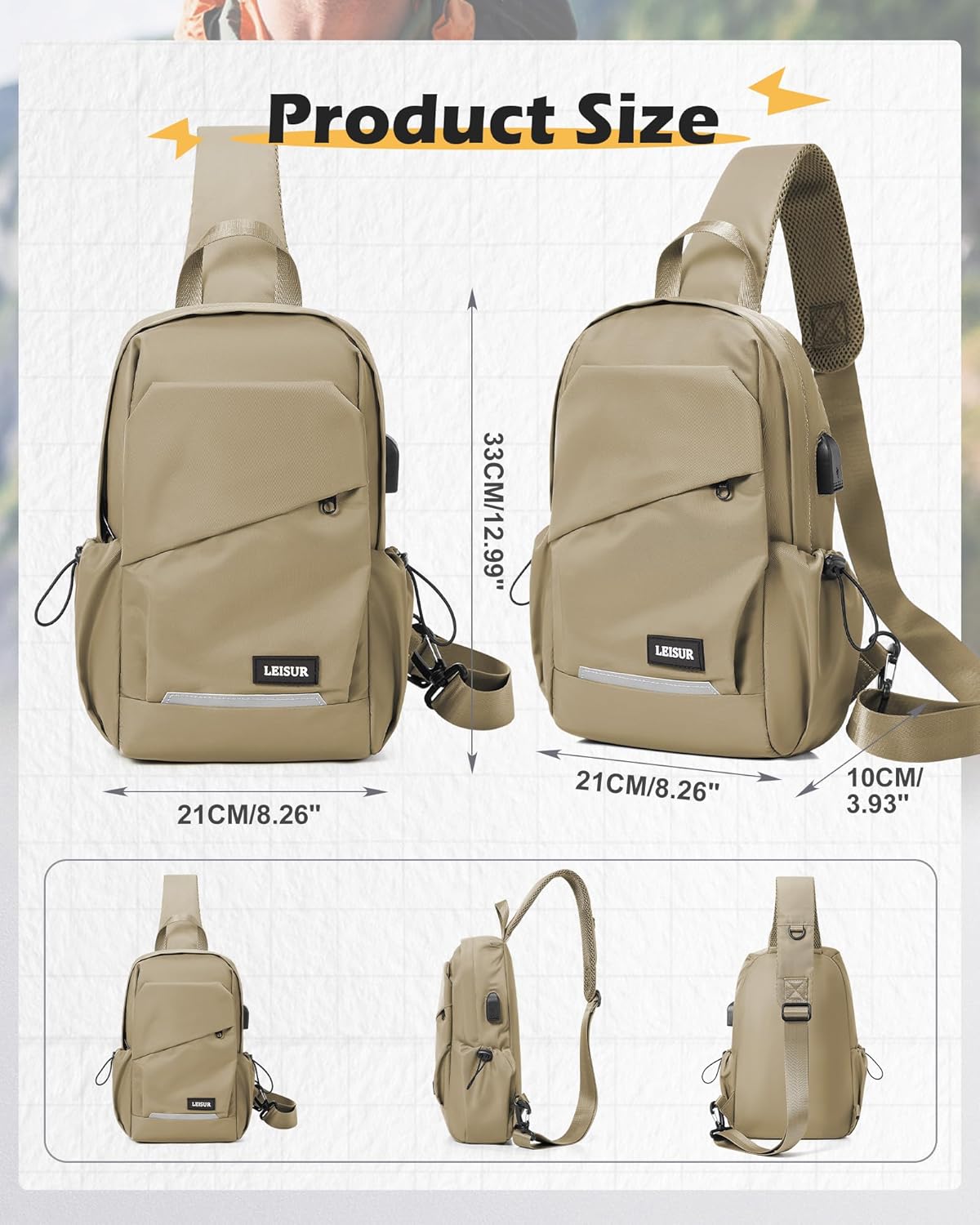 SEAFEW Khaki Sling Bag for Men women, Small Anti Theft One Strap Motorcycle Backpack, Mini Sling Tactical Chest Bag Daypack Crossbody Sling Backpacks for Casual Travel Hiking Gym Outdoor Sports - Image 3