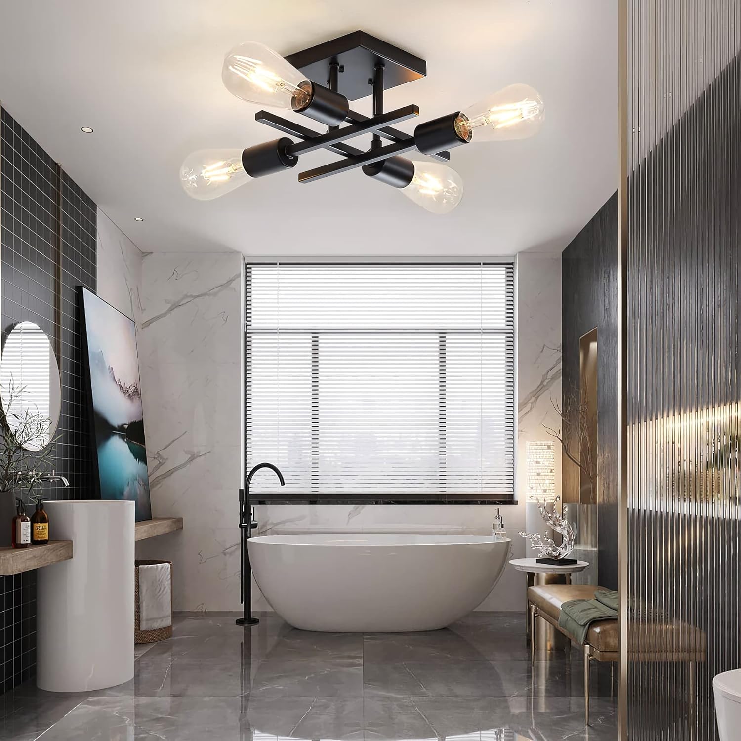 Industrial 4-Light Semi Flush Mount Ceiling Light Fixtures, Farmhouse Black Chandelier Lighting, Modern E26 Base Sputnik Ceiling Lamps for Bedroom Living Room Hallway Entryway, 2 Pack