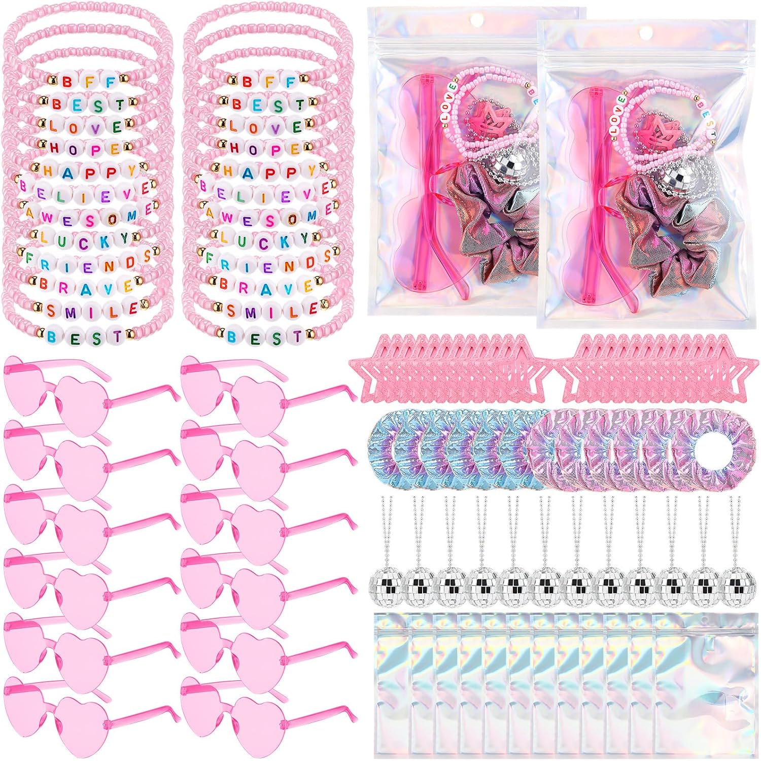 Landical 96 Pcs/ 12 Sets Kpop Party Favors Popular Singer Gifts Friendship Bracelets Scrunchies Heart Sunglasses Disco Ball Necklaces Hair Clips Bags for Y2k Kpop Fans Women Birthday (Purple)