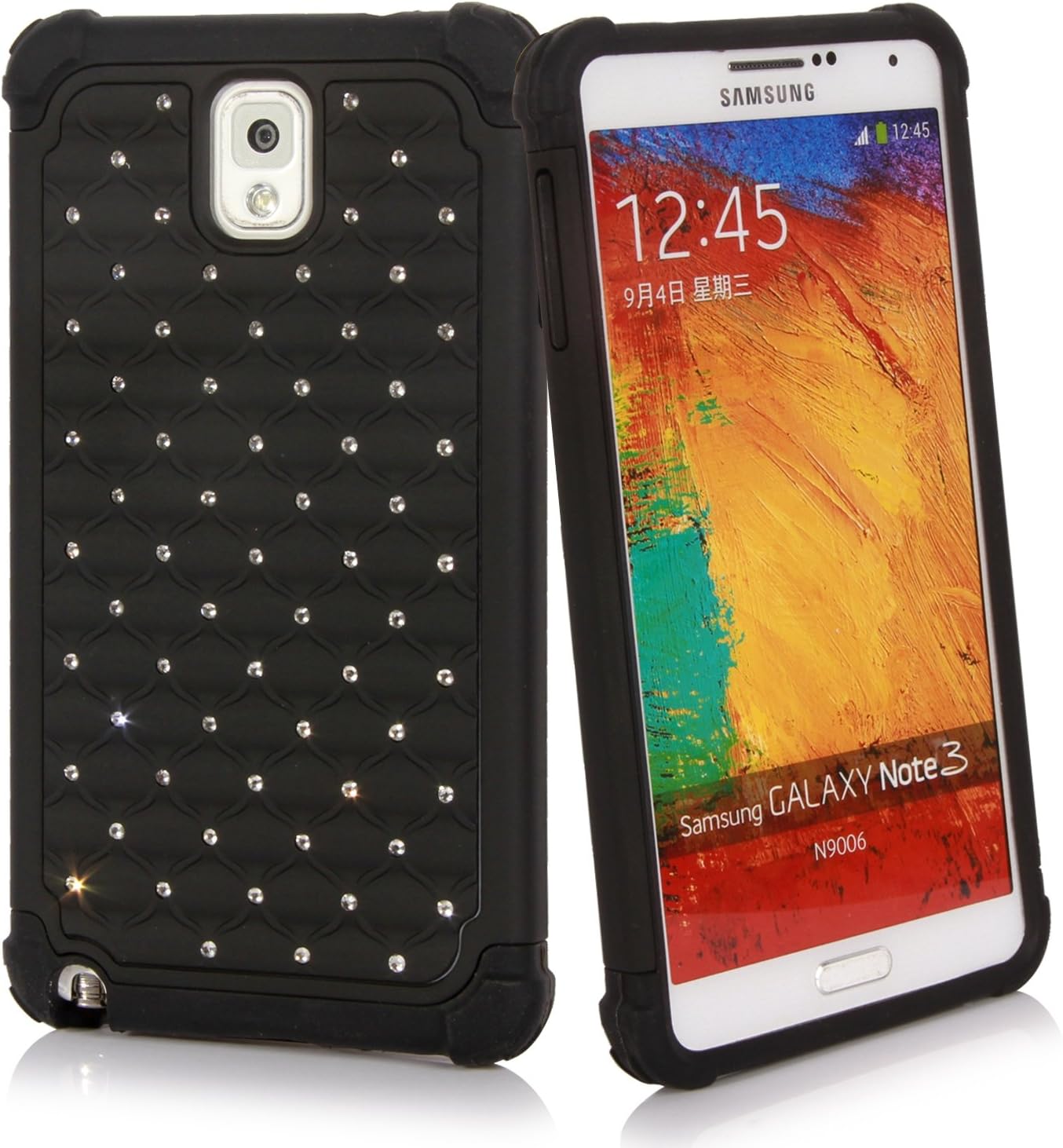 Style4U Galaxy Note 3 Case, Studded Rhinestone Crystal Bling Hybrid Armor Case Cover for Samsung Galaxy Note 3 N9000 N7200 with 1 HD Screen Protector and 1 Stylus [Black/Black]