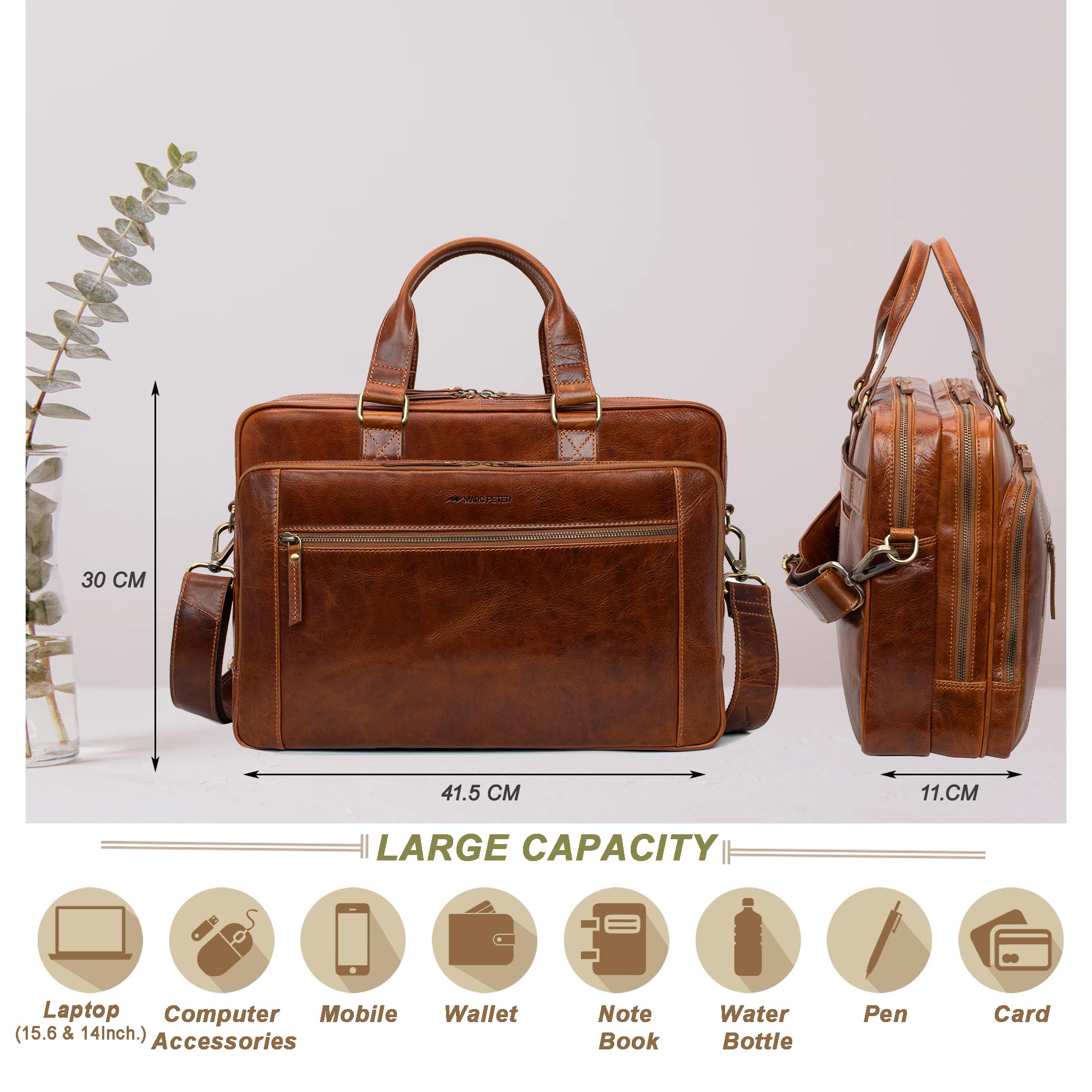 Marc Peter Seattle I - Bolso bandolera de piel para portátil de 15,6 pulgadas, maletín para ordenador portátil, para hombre y mujer