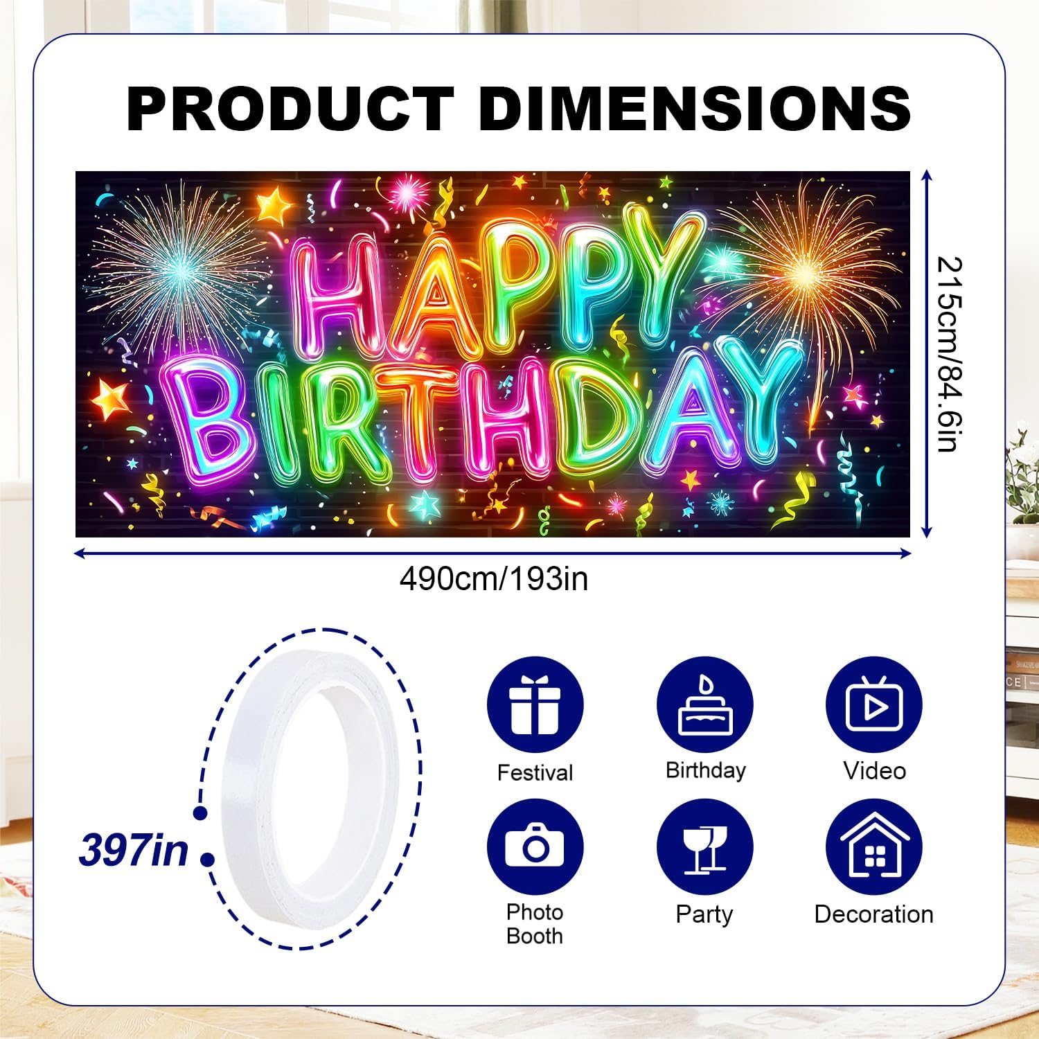 Neon Happy Birthday Garage Door Banner 7x16ft Birthday Decoration Garage Door Cover Photo Background