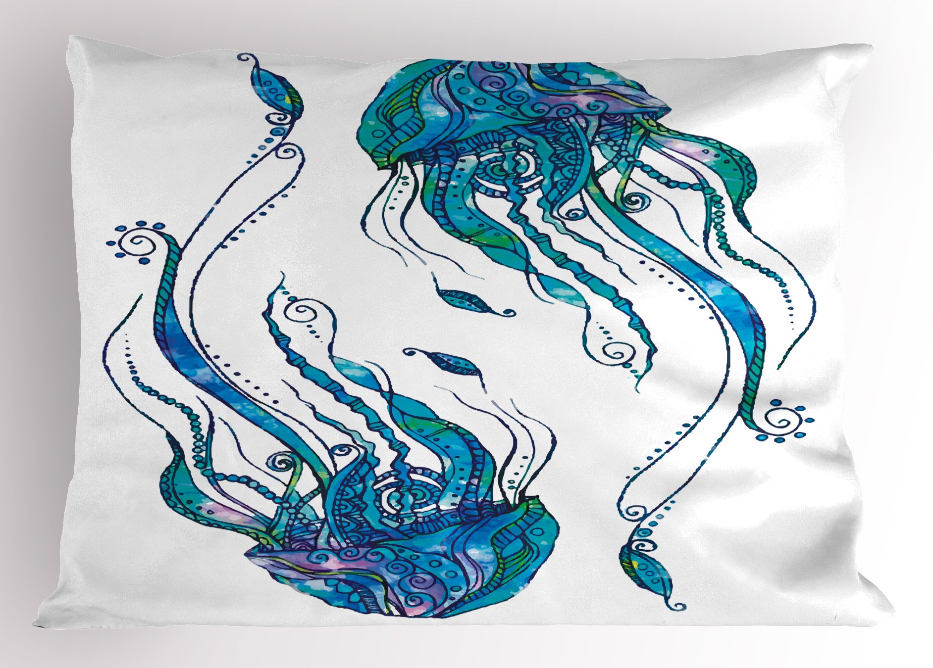 Ambesonne Jellyfish Pillow Sham, Jellyfish Shaped with Ornamental Patterns Bohemian Style Beach Themed Aqua Art, Decorative Standard Queen Size Printed Pillowcase, 30" X 20", Turquoise
